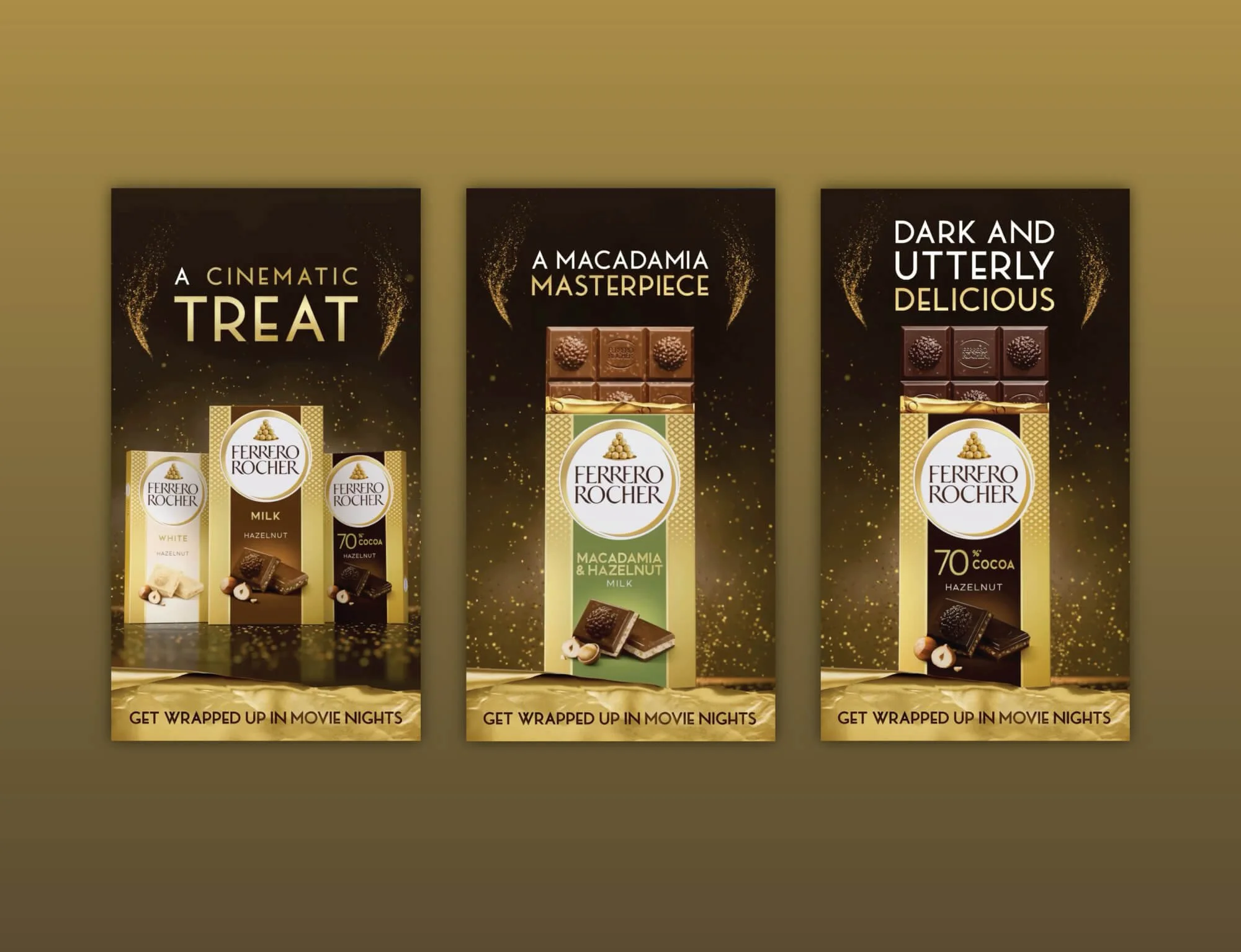 Three Ferrero Rocher chocolate advertisements featuring different flavors, with gold and black backgrounds, images of the chocolate bars, and slogans like 'A cinematic treat,' 'A Macadamia masterpiece,' and 'Dark and utterly delicious.'