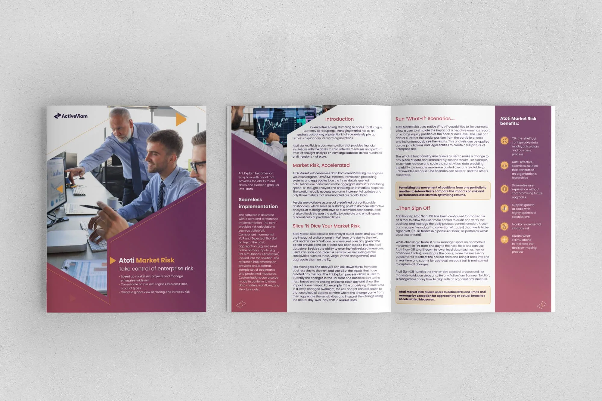 Open folded brochure with photos of business people working on computers, and text about Atoti Market Risk, including sections on introduction, market risk, and scenario analysis, set in purple, orange, and cream color scheme.