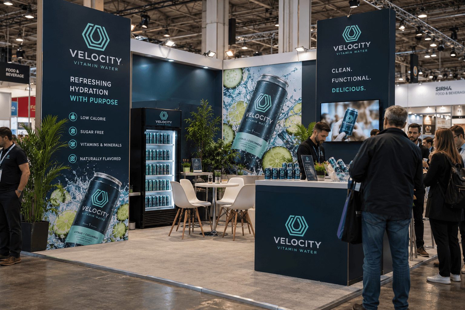Velocity Vitamin Water trade show booth featuring branded displays, citrus-cucumber beverage cans, product refrigerator, and attendees