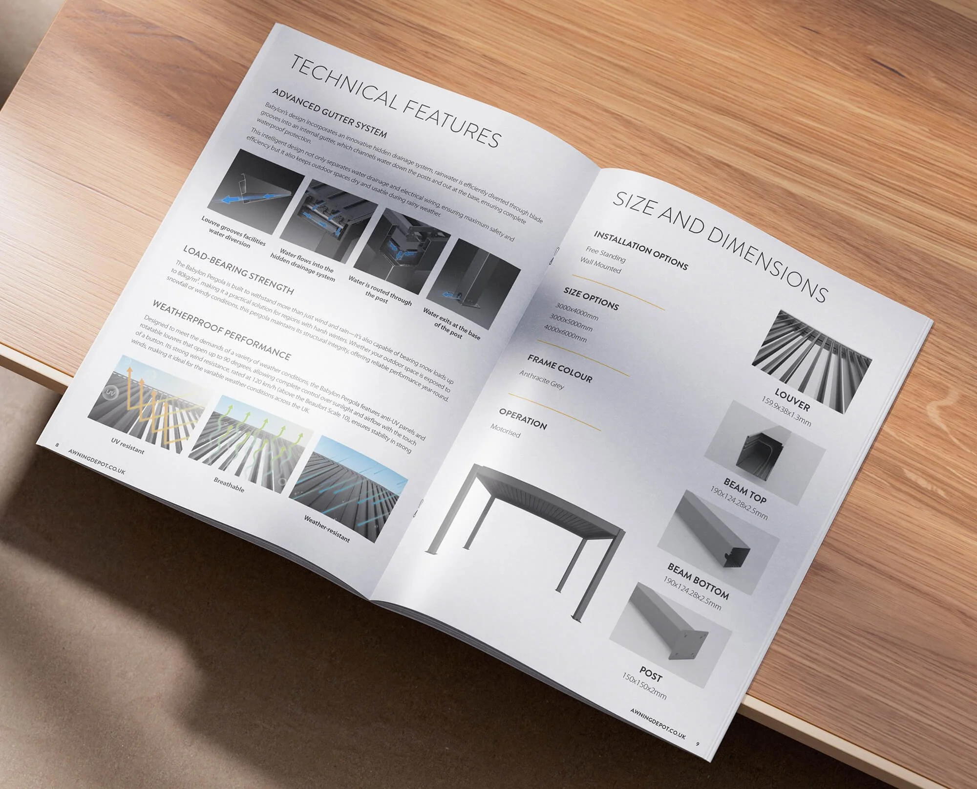 An open brochure on a wooden table displaying technical features and size options for a fencing system, including images of louver panels, structural components, and diagrams of the fence's weatherproof and load-bearing qualities.