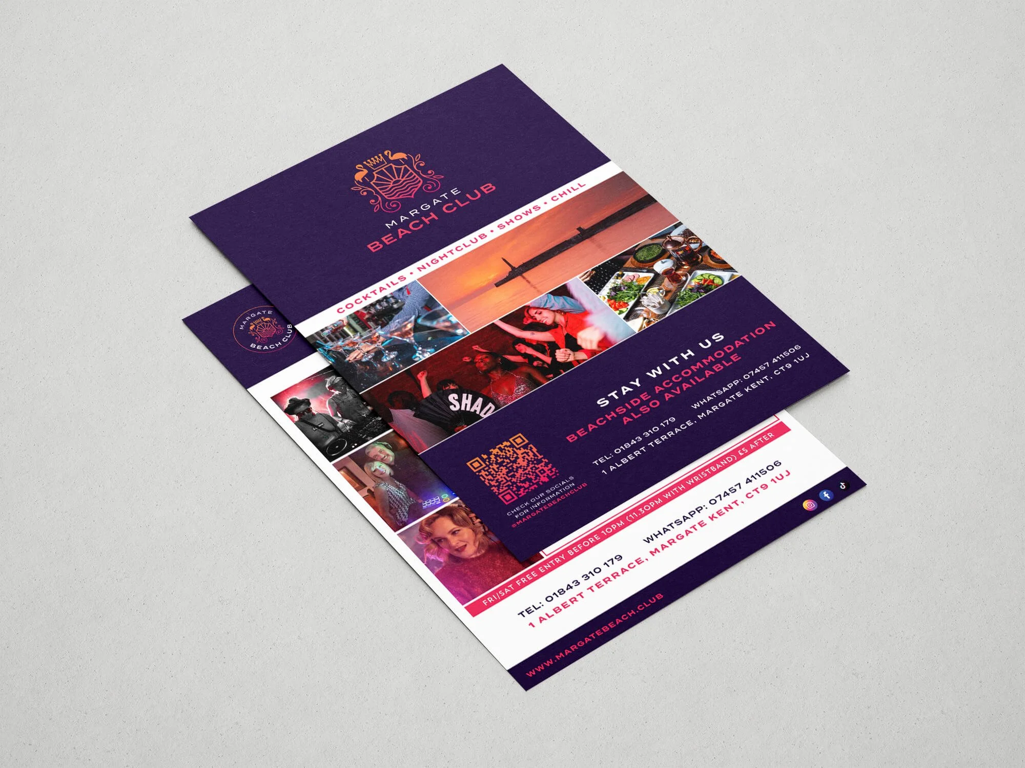 Flyer for Margate Beach Club featuring sunset, images of cocktails, a DJ, party scene, and food, with contact information and QR code.