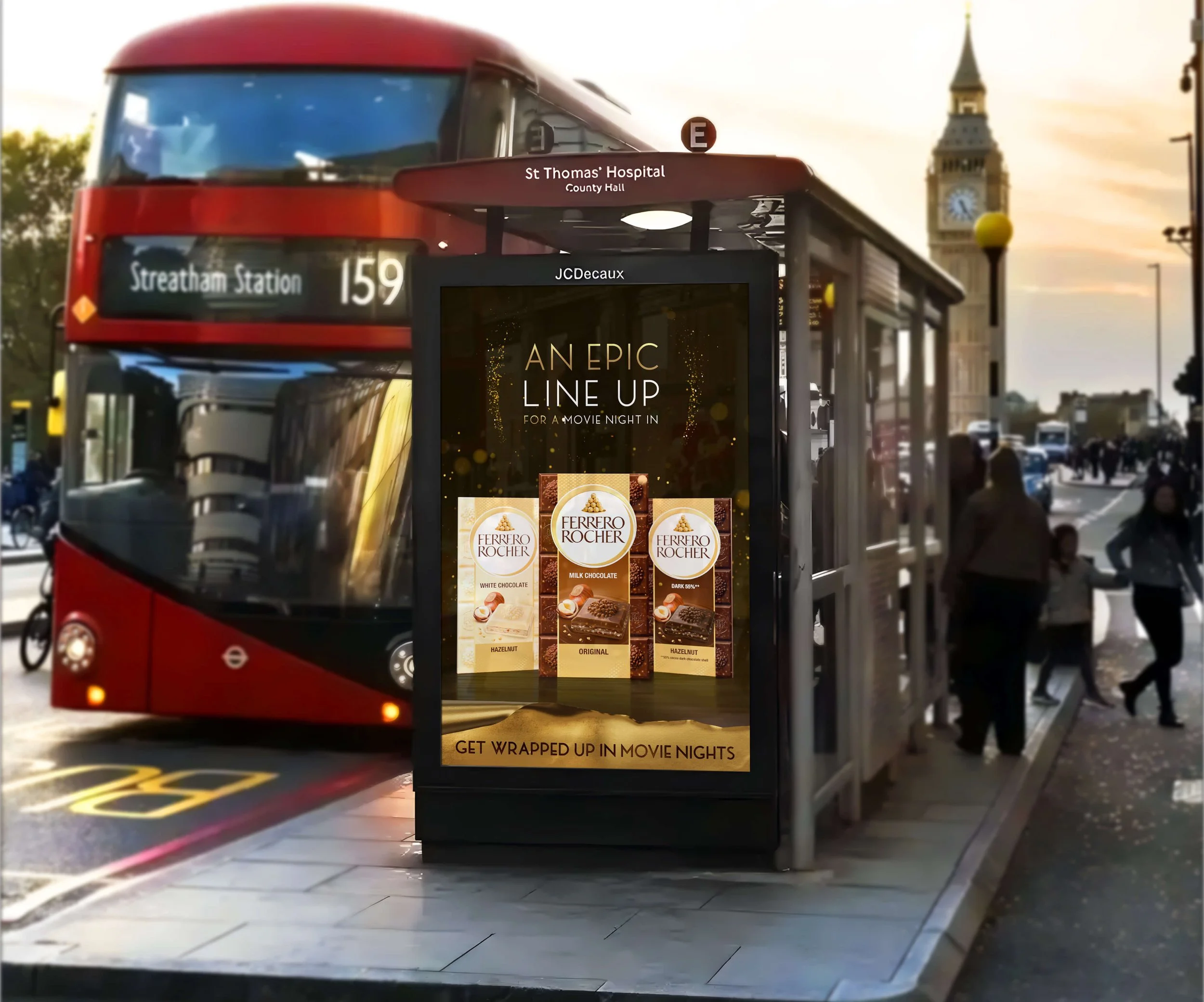 A red double-decker bus at a bus stop in London, with a digital advertisement display for Ferrero Rocher chocolates, and the clock tower Big Ben in the background during sunset.