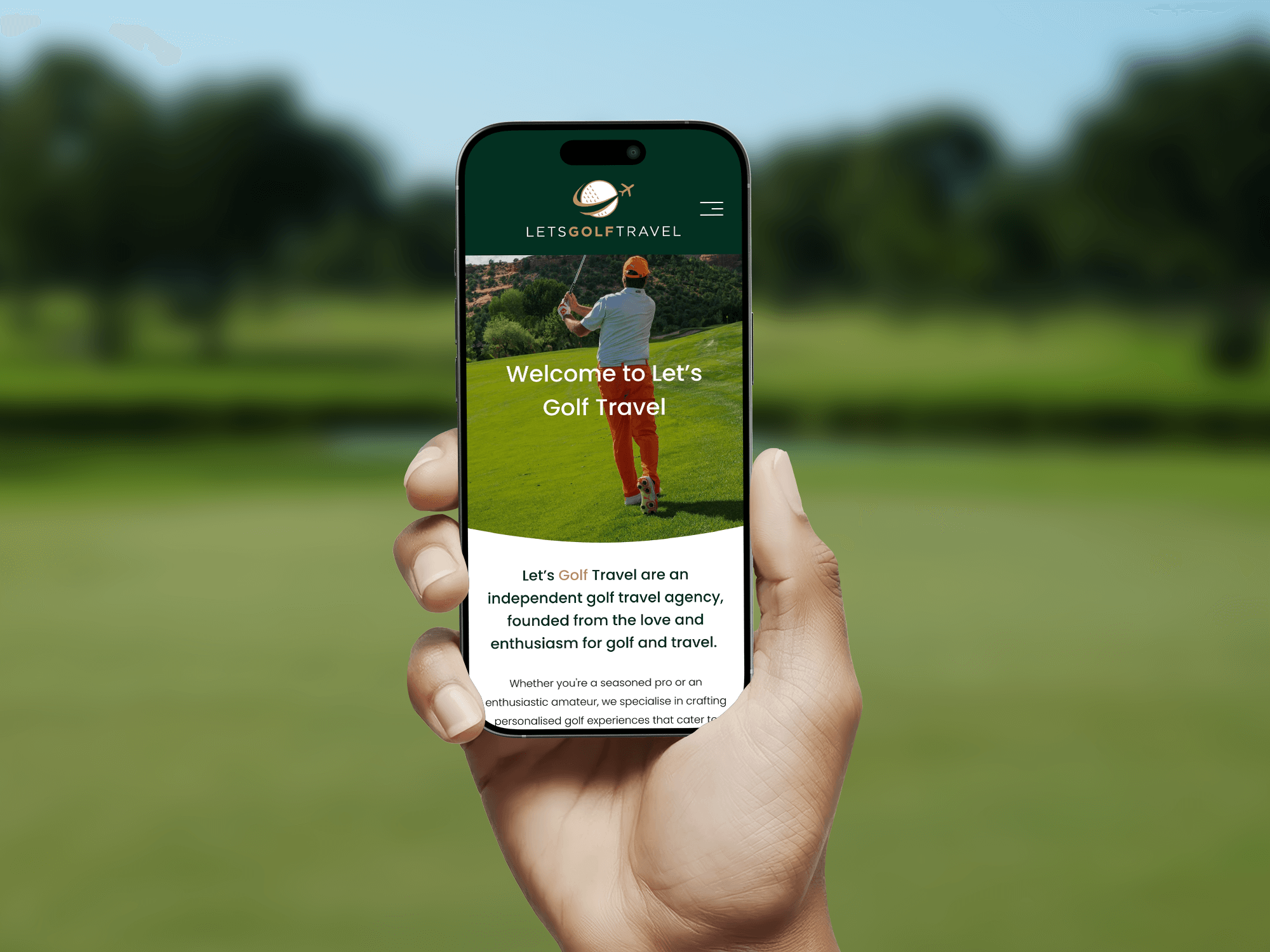 A person holding a smartphone displays a golf travel website with a golfer on a green course in the background.