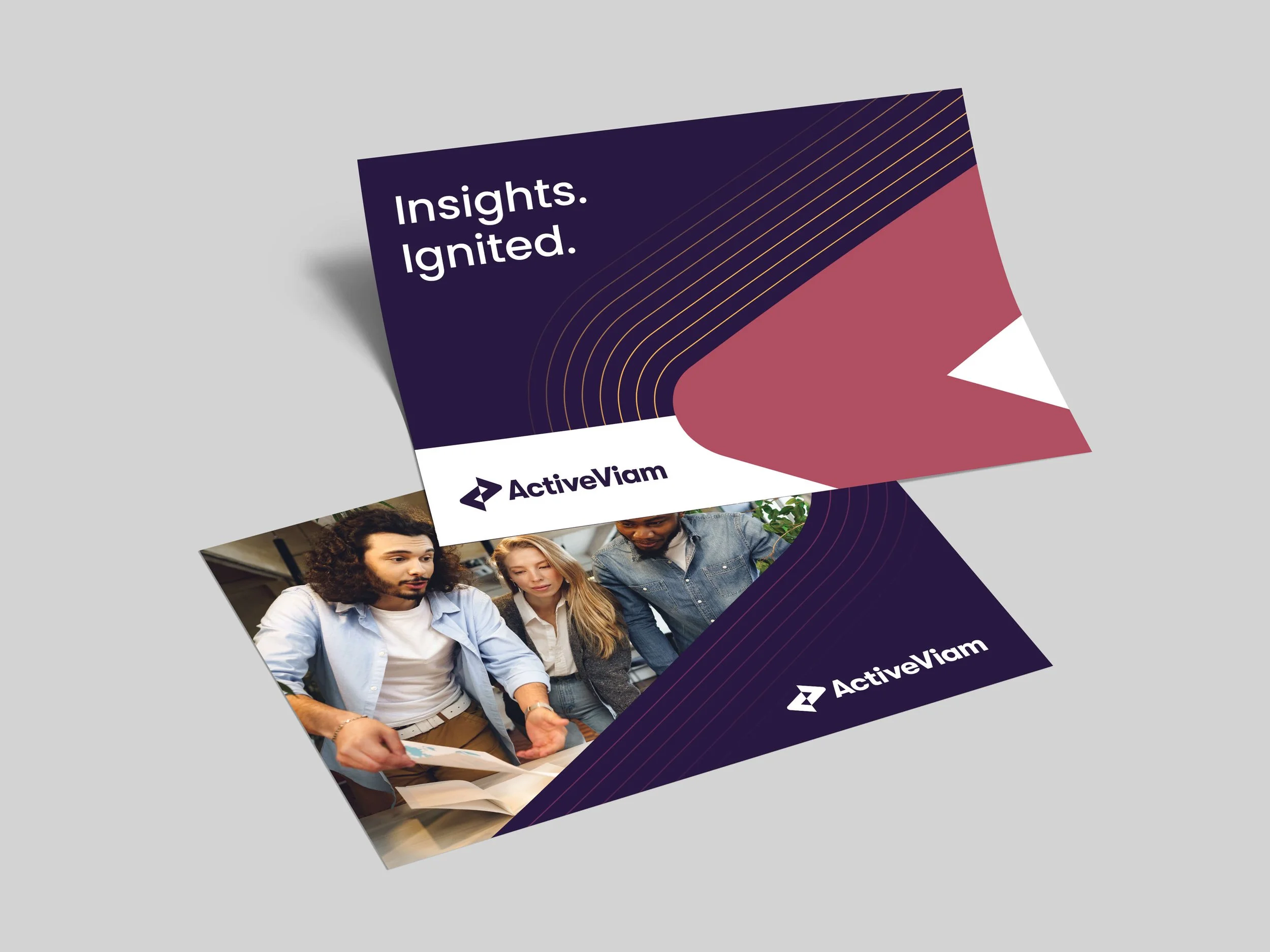 A brochure for ActiveViam with the slogan "Insights. Ignited." and a photo of three young adults looking at documents together.