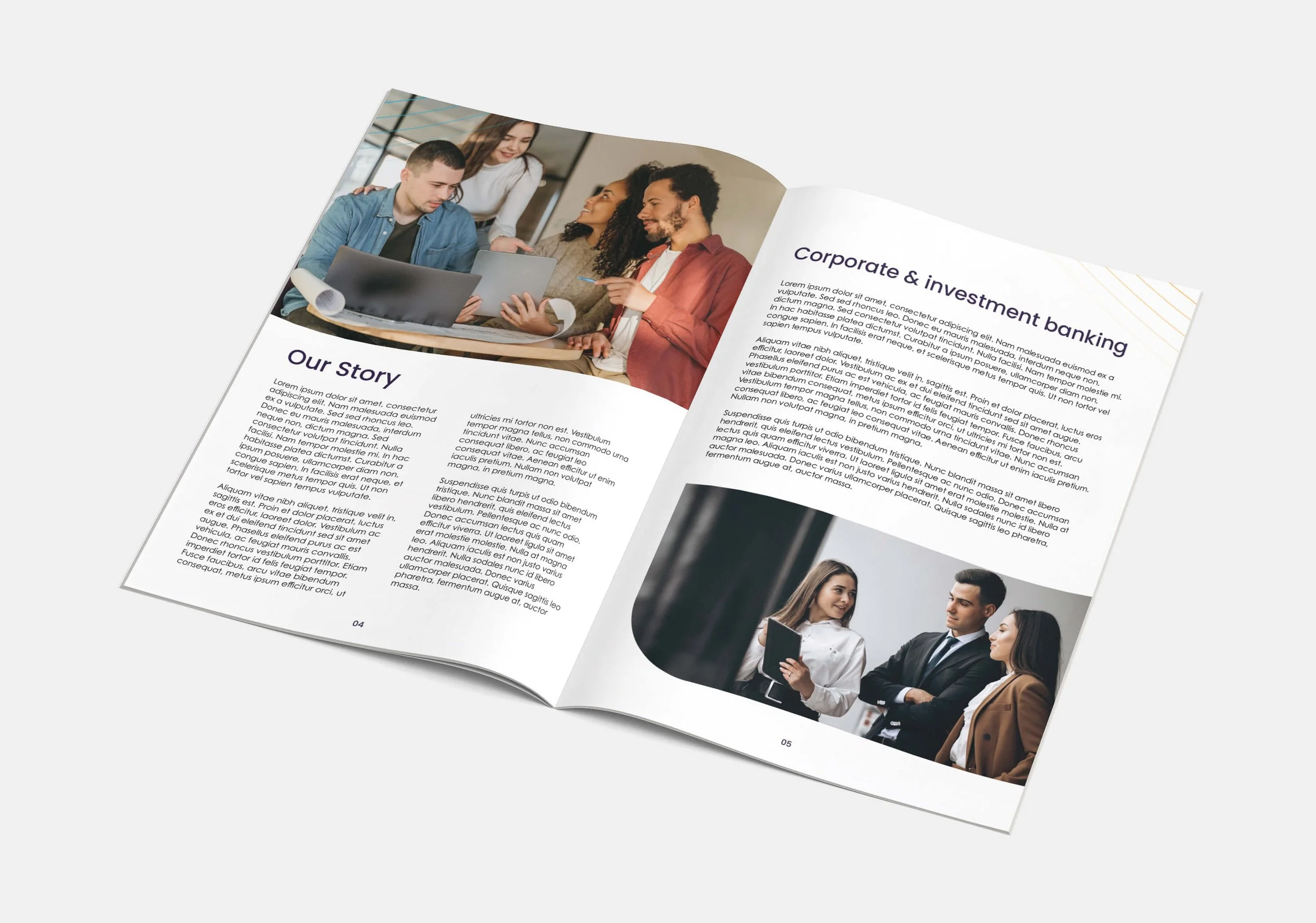 Open magazine with articles about corporate and investment banking, featuring photos of diverse professionals engaging in discussions.