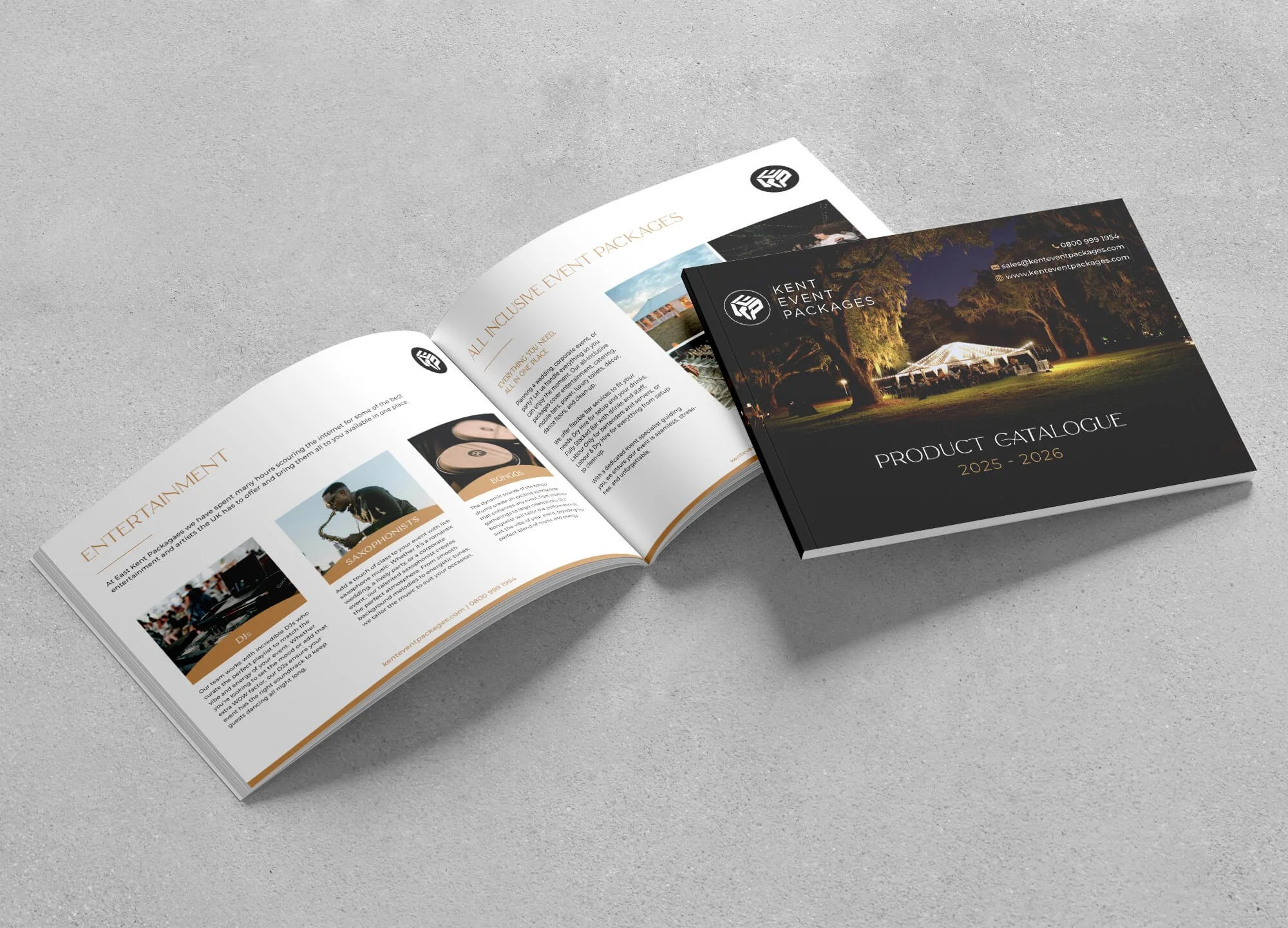 Open product catalog booklet for Kent Event Packages with a black cover featuring an outdoor event scene at night, and open pages showing entertainment options like DJs, saxophonists, and bonuses.