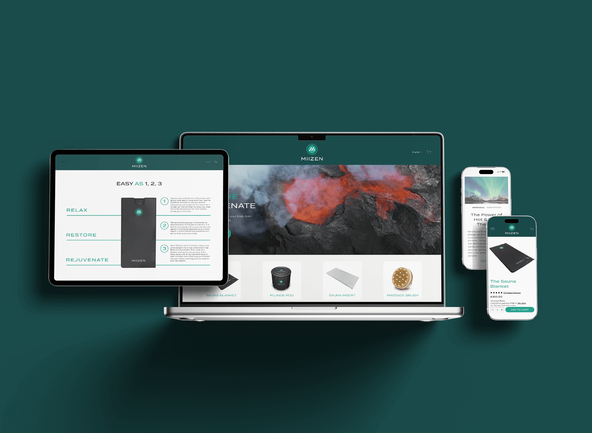 Multiple electronic devices displaying the Mizen website and products, including a laptop, tablet, and smartphones, on a dark teal background.