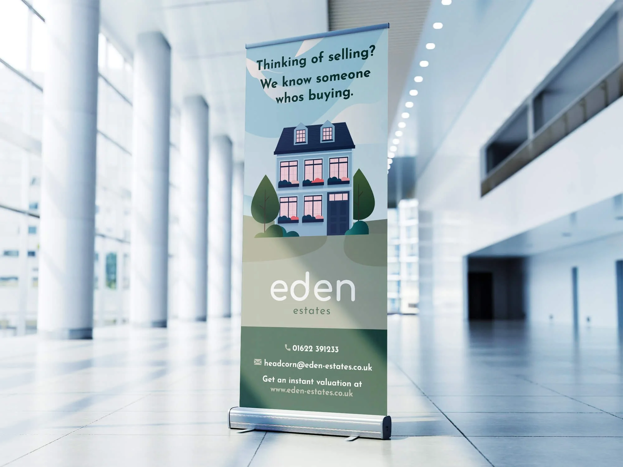 Vertical banner advertising Eden Estates, featuring a stylized illustration of a house with trees on either side. The top of the banner has the text 'Thinking of selling? We know someone who's buying.' Below, the company name 'eden estates' is displa