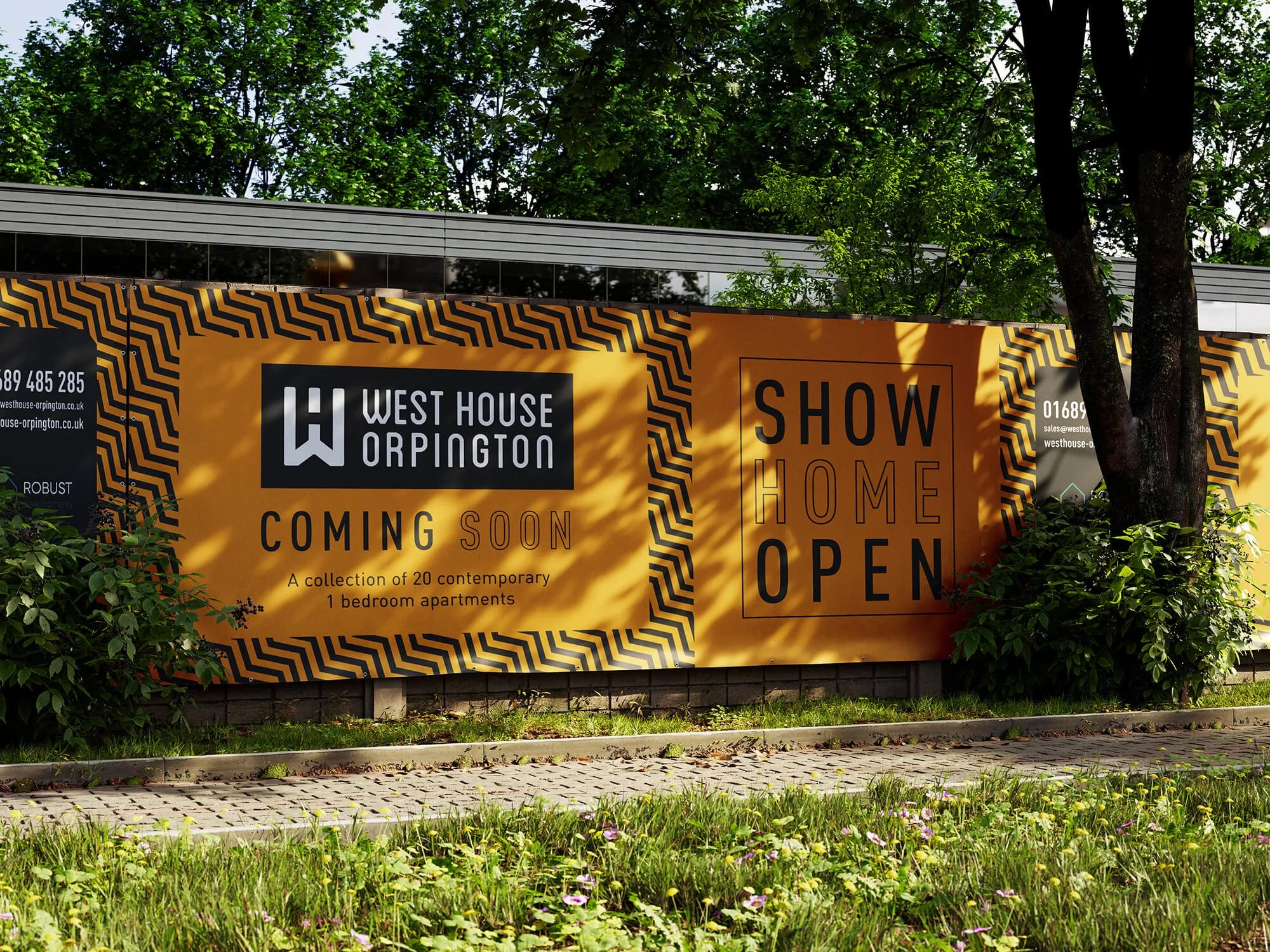 Outdoor billboard advertising West House Orpington, featuring a bright yellow and black geometric design, with the message 'Coming Soon' and 'Show Home Open,' along with contact information.