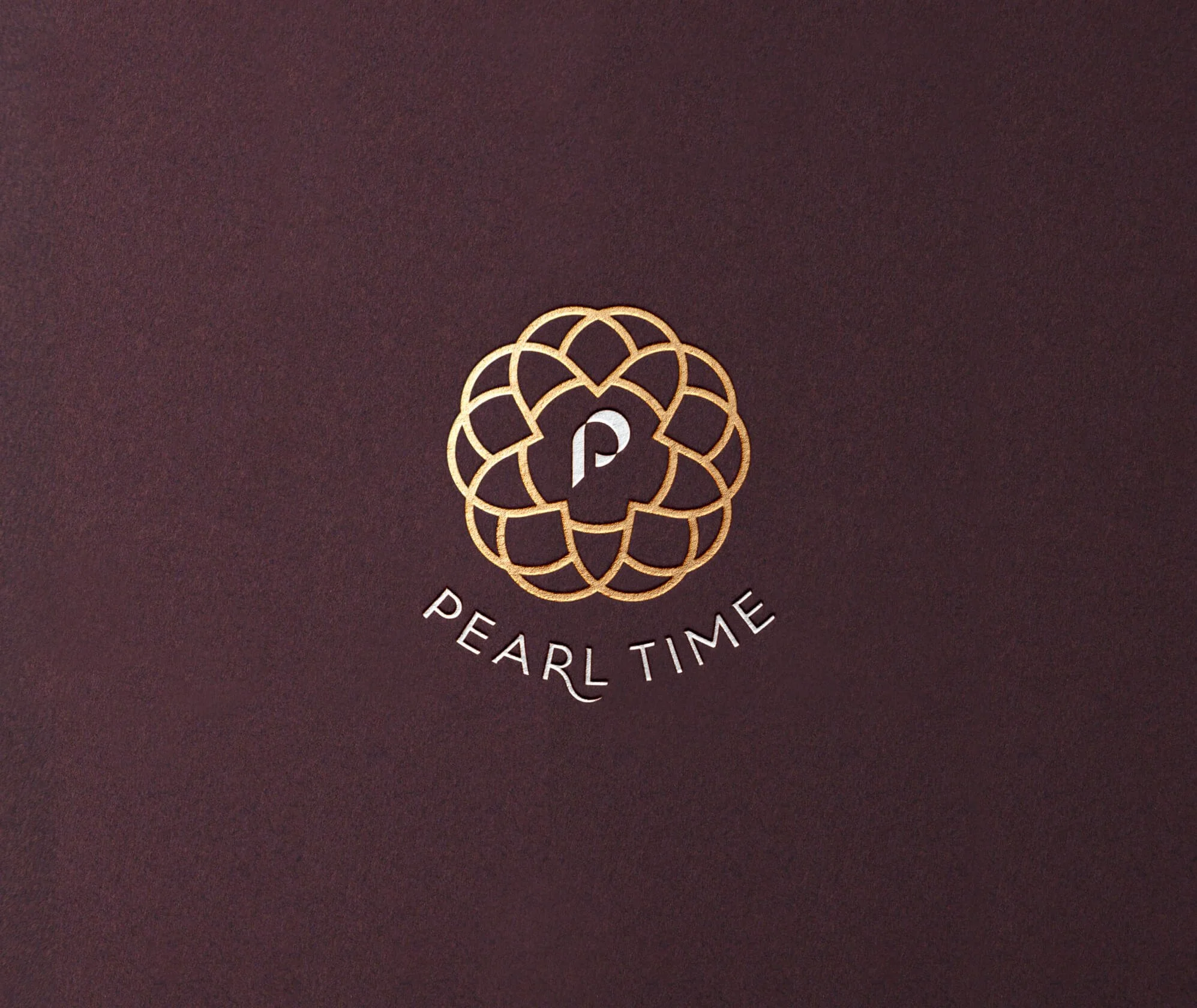 A dark brown textured background with a gold geometric flower-like design and a black circle in the center containing a gray letter 'p' and a white abstract shape. Below, the words 'PEARL TIME' are written in white capital letters.
