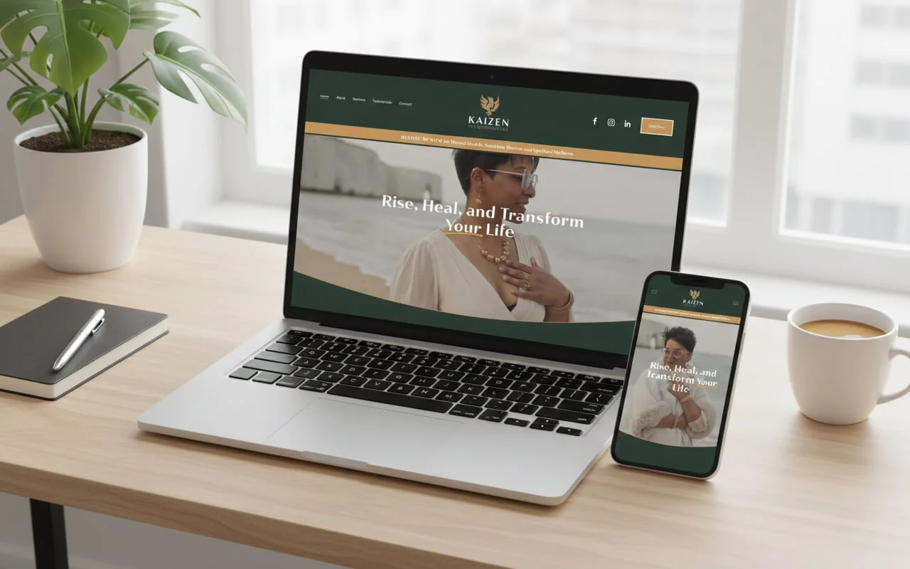 Open laptop and smartphone displaying a website for KAIZEN with the slogan 'Rise, Heal, and Transform Your Life', placed on a light wood desk beside a notebook and pen, with a potted plant, a window, and a cup of coffee nearby.