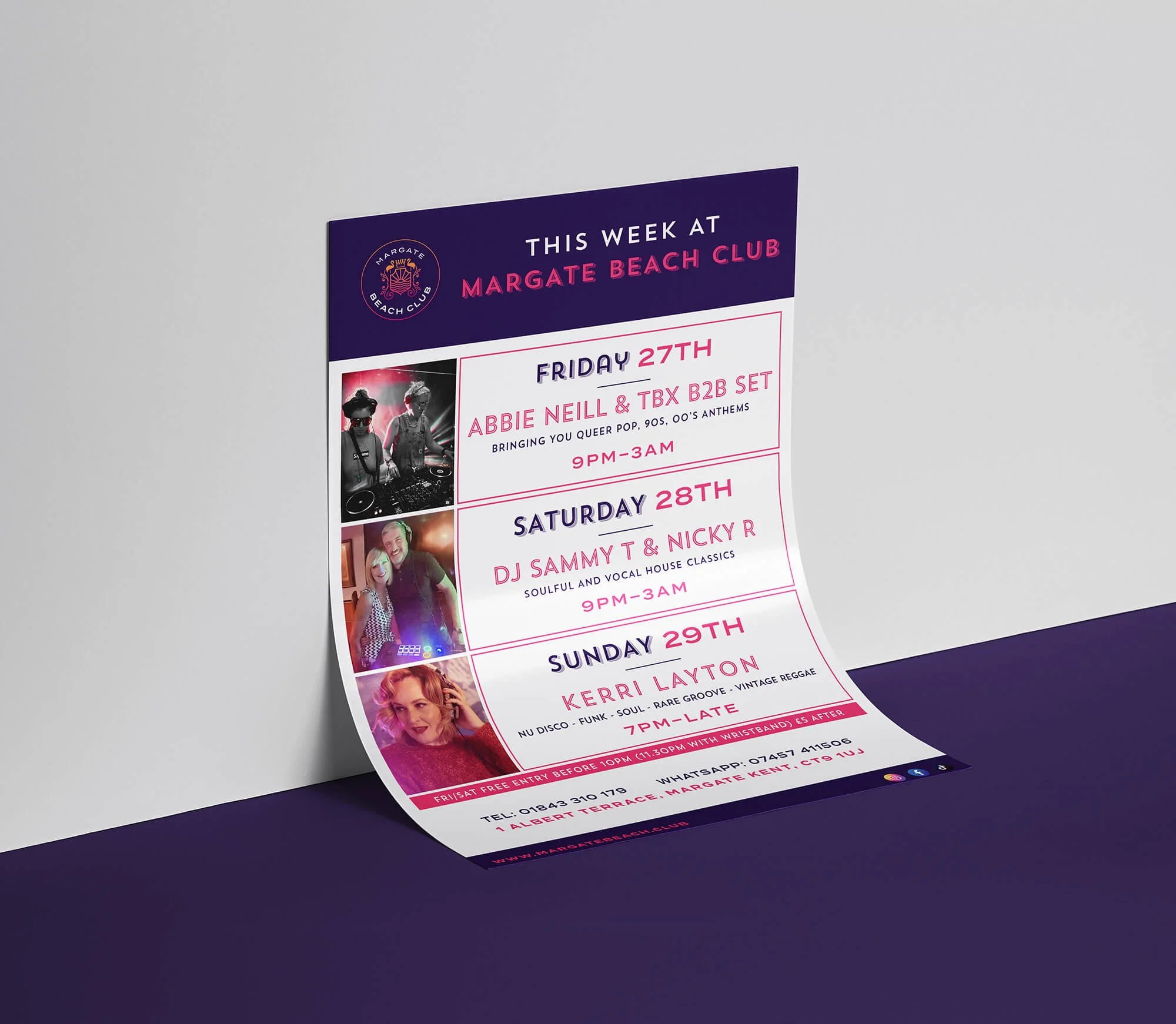 Event flyer for Margate Beach Club showing scheduled DJ performances from Friday the 27th to Sunday the 29th with dates, names, times, genres, and contact information.