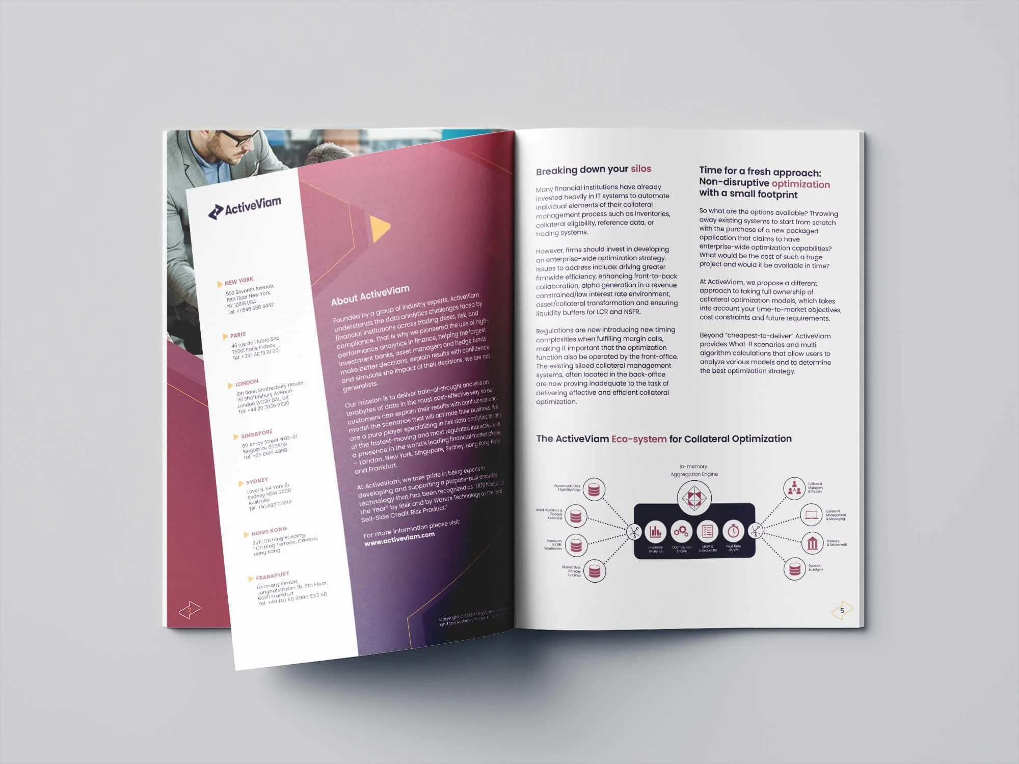 Open magazine showing pages with text and diagrams about ActiveViam's collateral optimization system, with contact info for multiple cities and a graphical illustration of the eco-system.