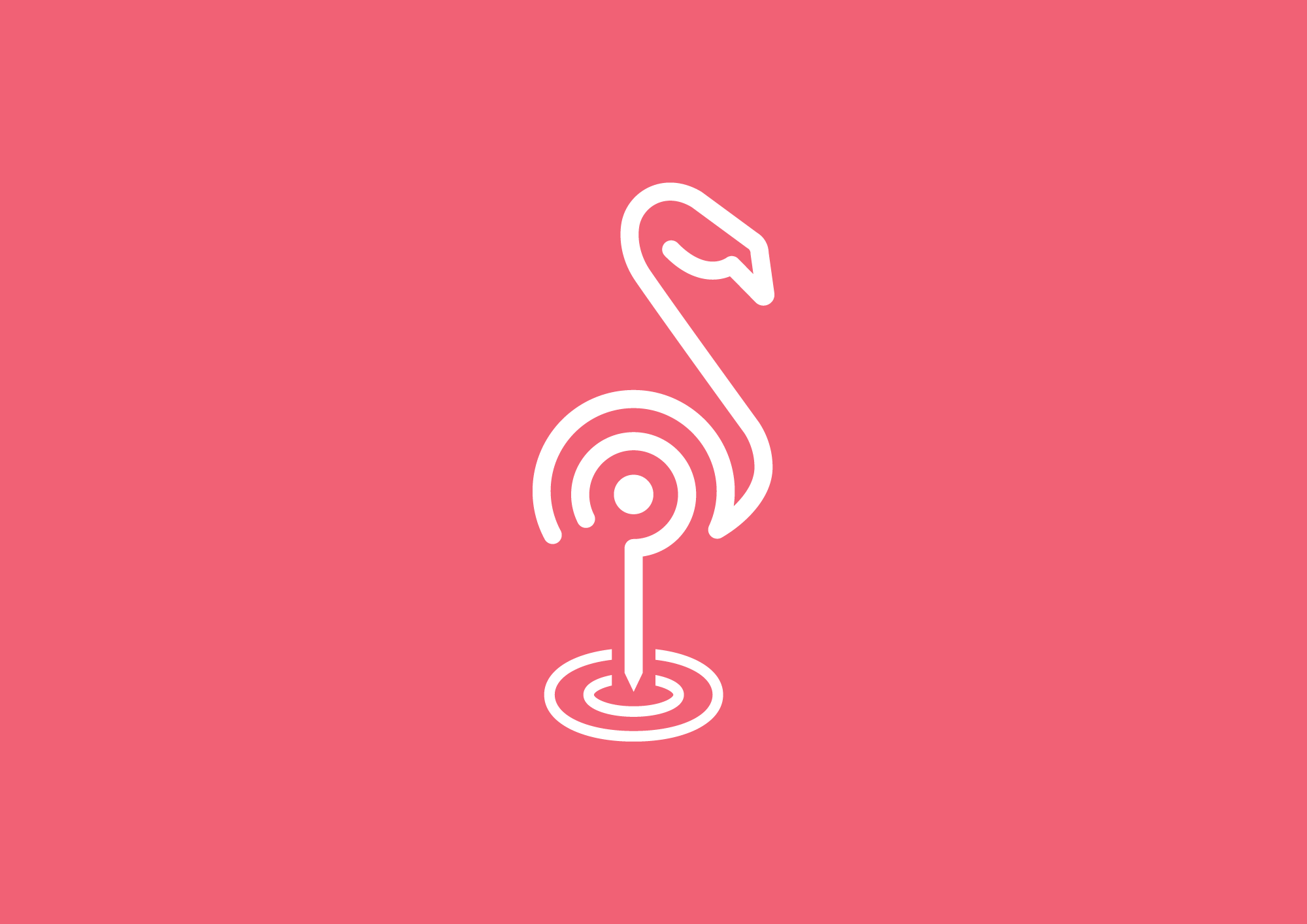 Outline of a flamingo standing on one leg, with concentric circles indicating motion or sound, on a pink background.