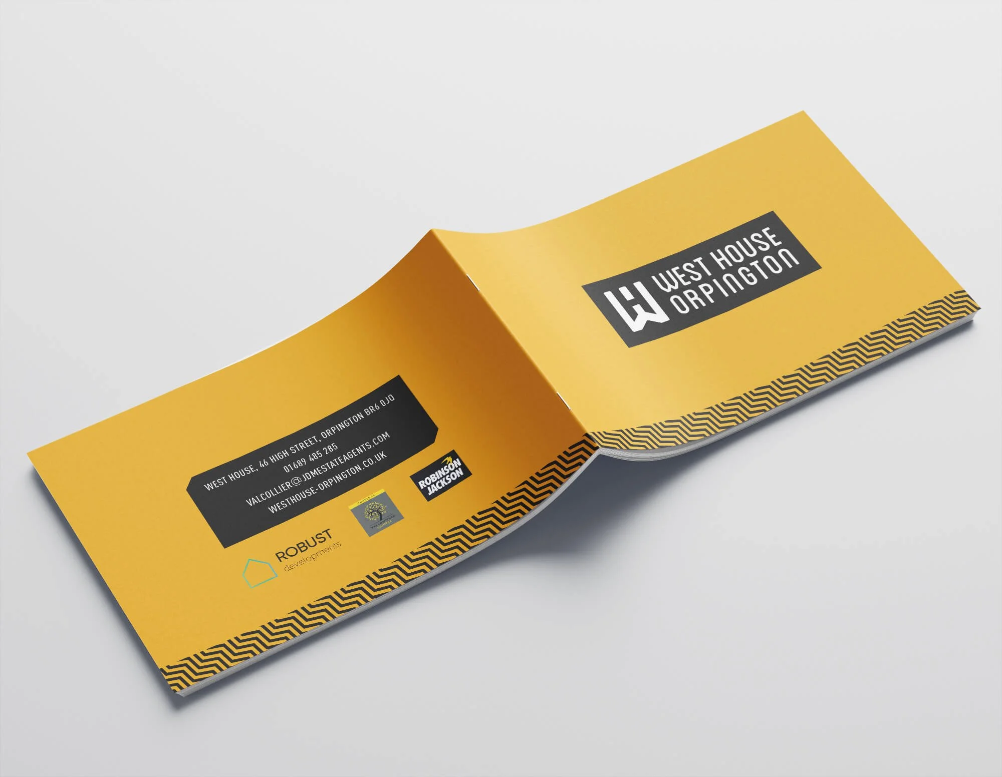 Open yellow brochure for West House Orpington with black logo and contact information, featuring a zigzag pattern on the bottom border.