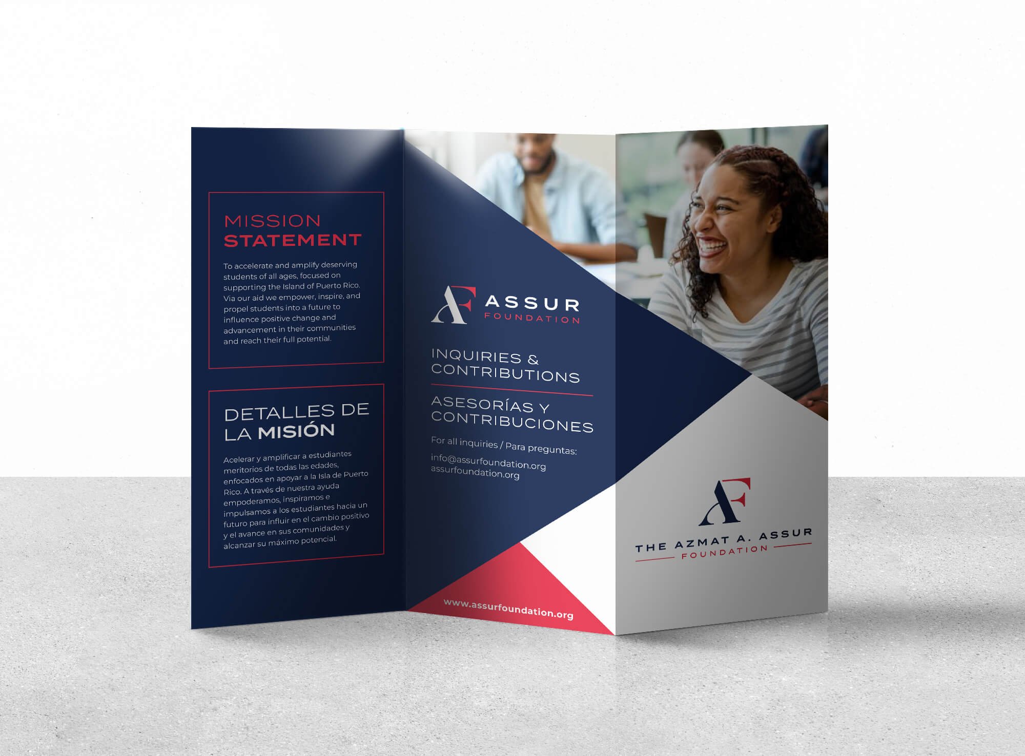 Tri-fold brochure for the Assur Foundation featuring the foundation's logo, mission statement in English and Spanish, contact information, and a photo of a smiling woman in a group setting.