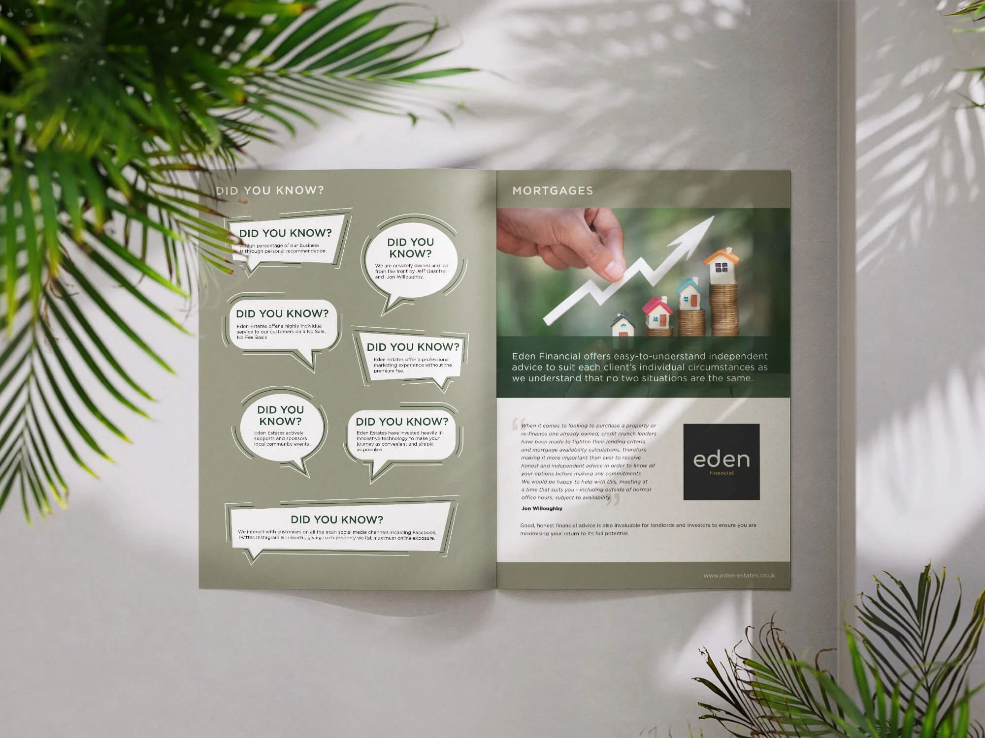 Open brochure on a white wall, featuring information about real estate, mortgages, and financial advice. The left page has multiple speech bubbles with 'Did you know?' facts, and the right page shows a hand pointing at a stacked coins graph with smal