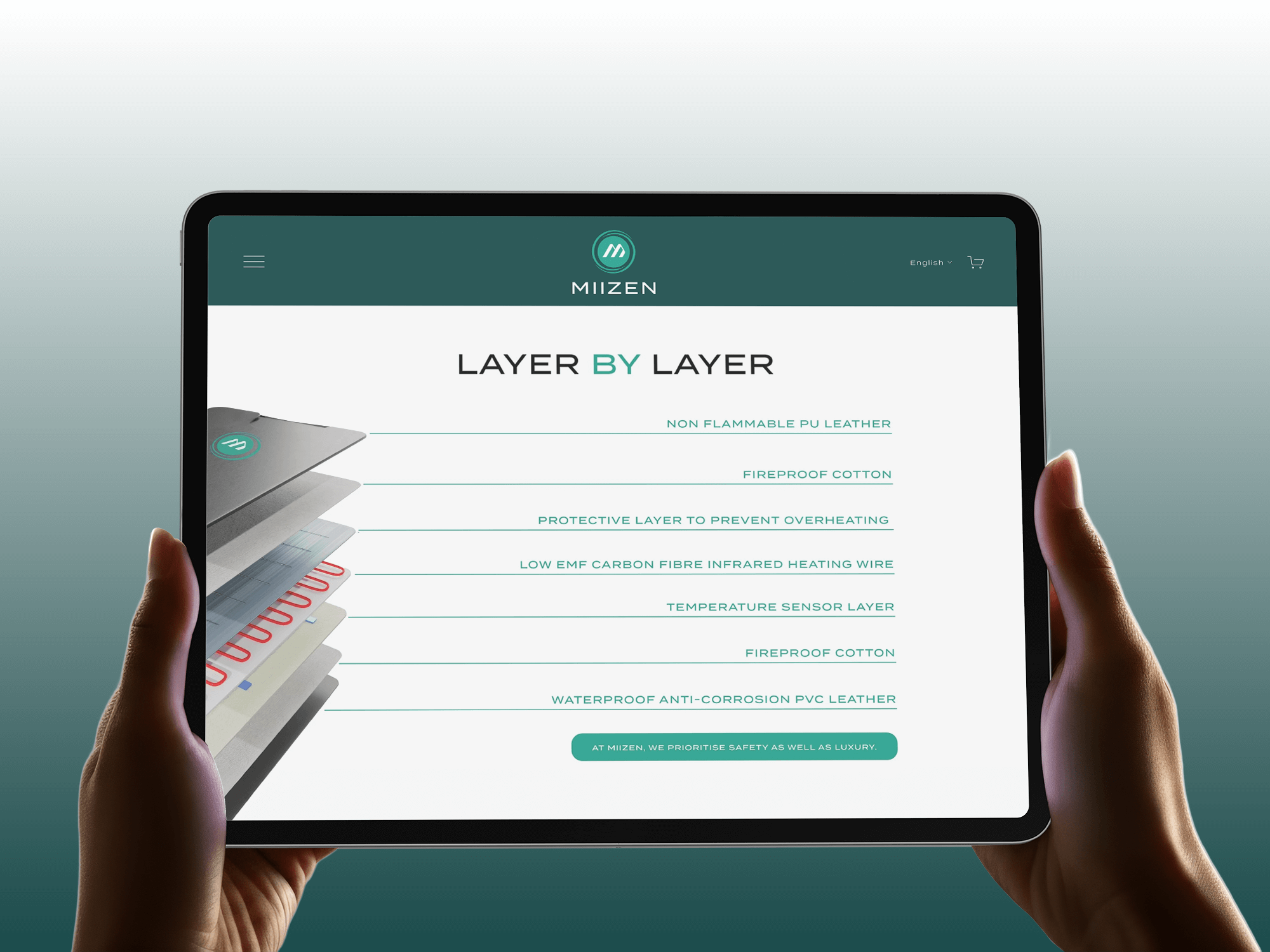 Tablet displaying the layered structure of a non-flammable PU leather product with descriptions of each layer, held by two hands.