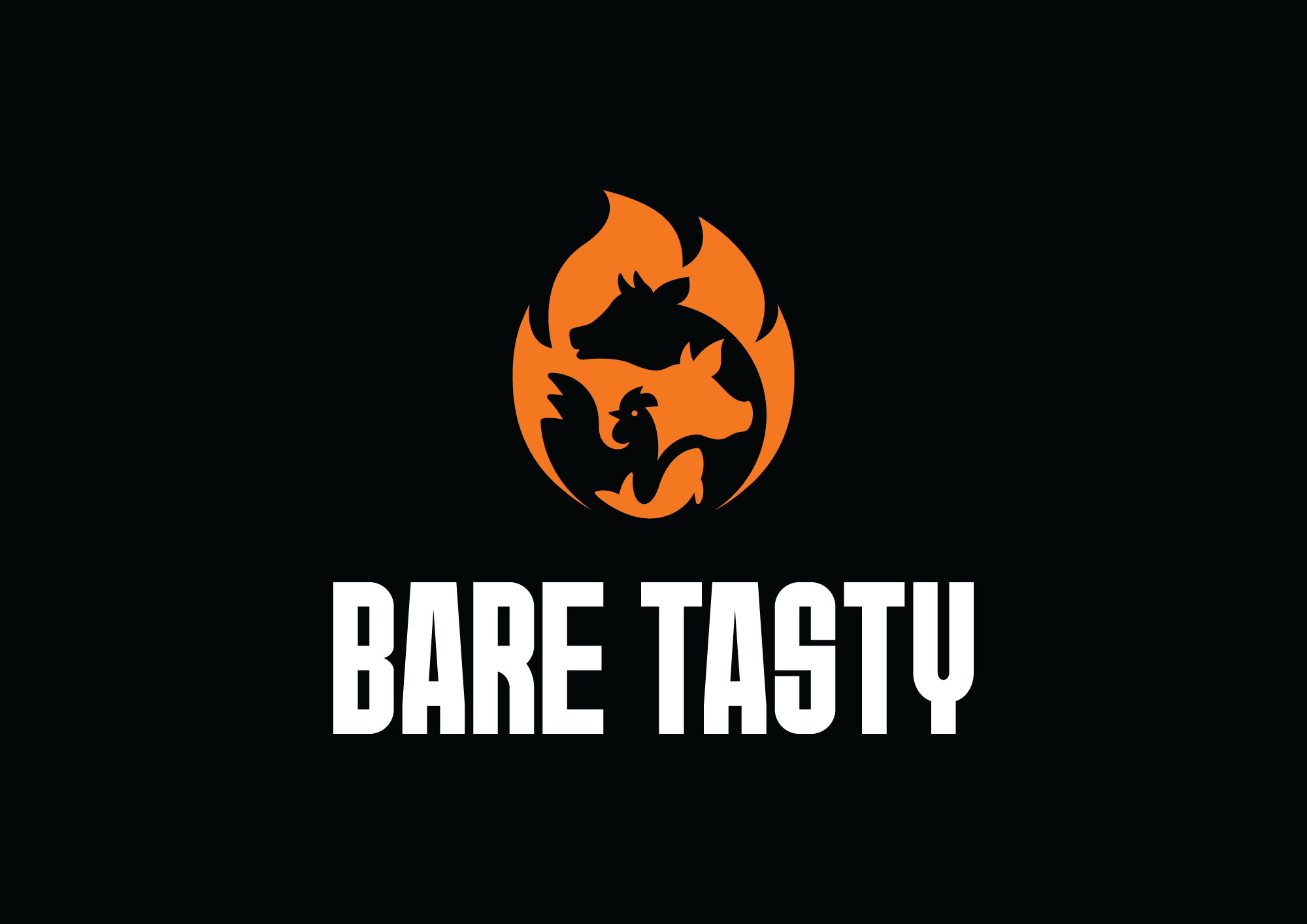 Logo with a black background featuring an orange flame containing silhouettes of a dog, a cat, and a bird, with the text 'BARE TASTY' in bold white letters below.
