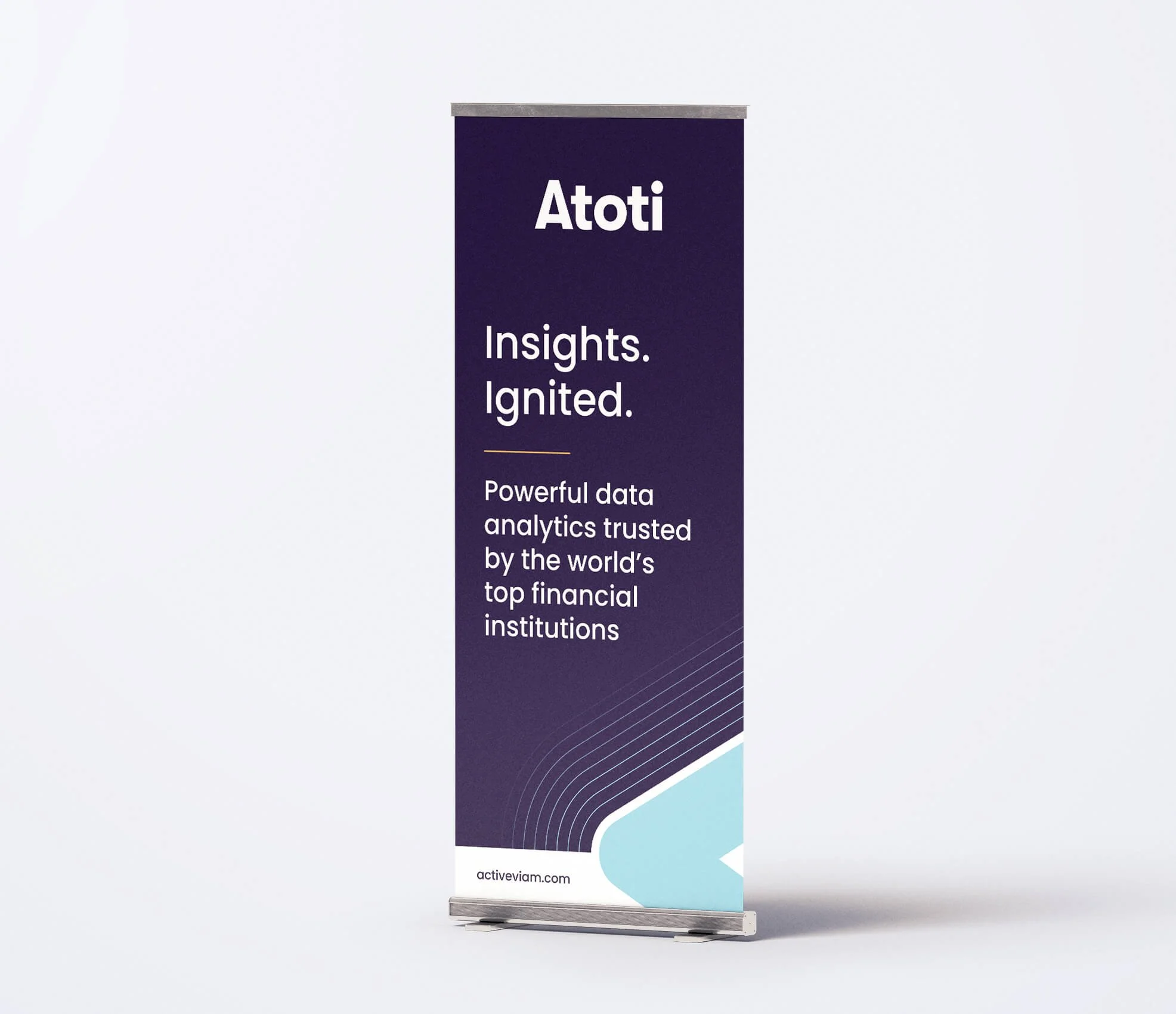 A vertical banner with a purple and light blue design promoting Atoti, featuring the phrases "Insights. Ignited." and "Powerful data analytics trusted by the world's top financial institutions".