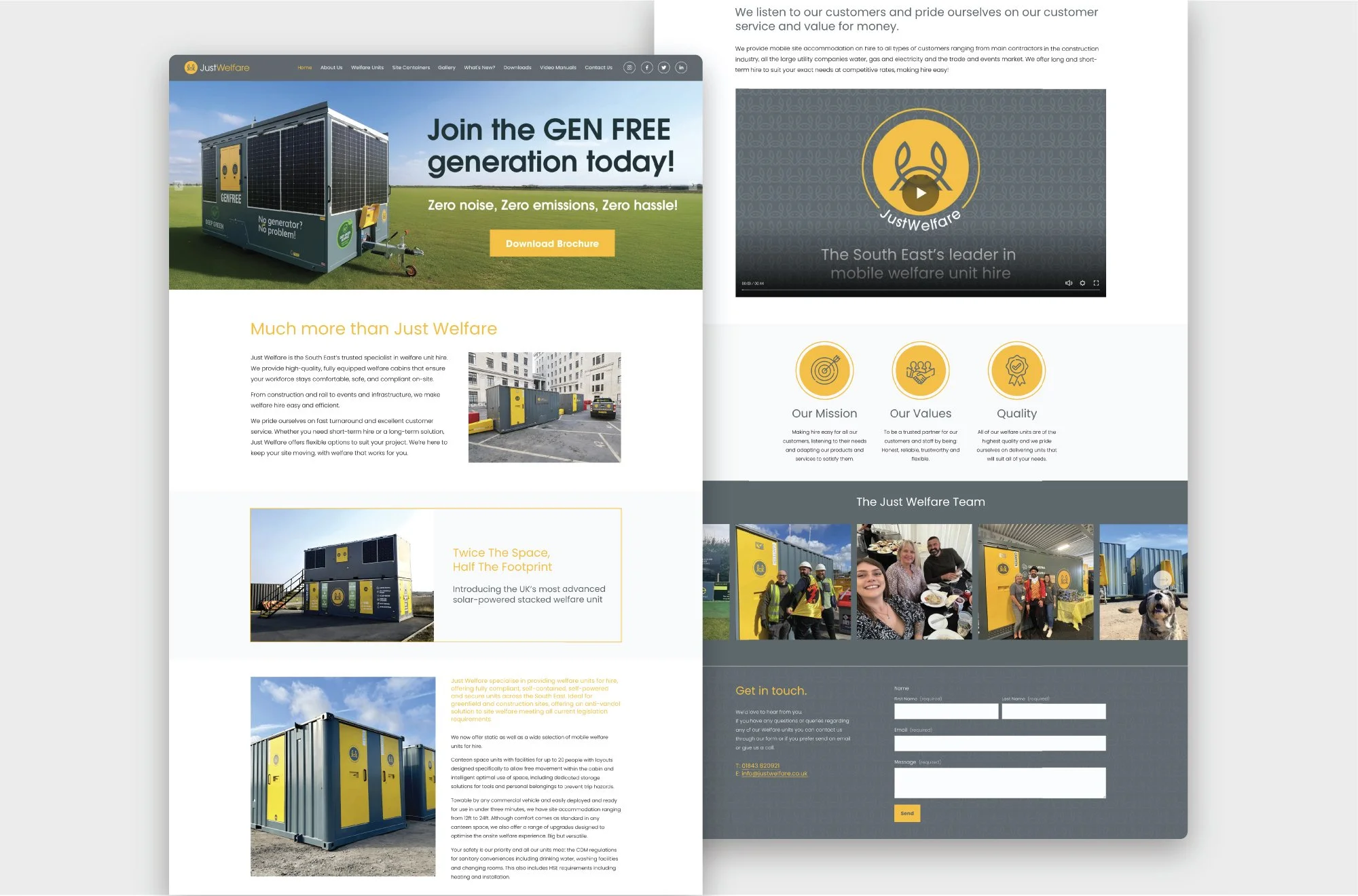 A webpage featuring a solar-powered mobile welfare unit with yellow and black design, promotional content about renewable energy and welfare solutions, and images of staff and users.