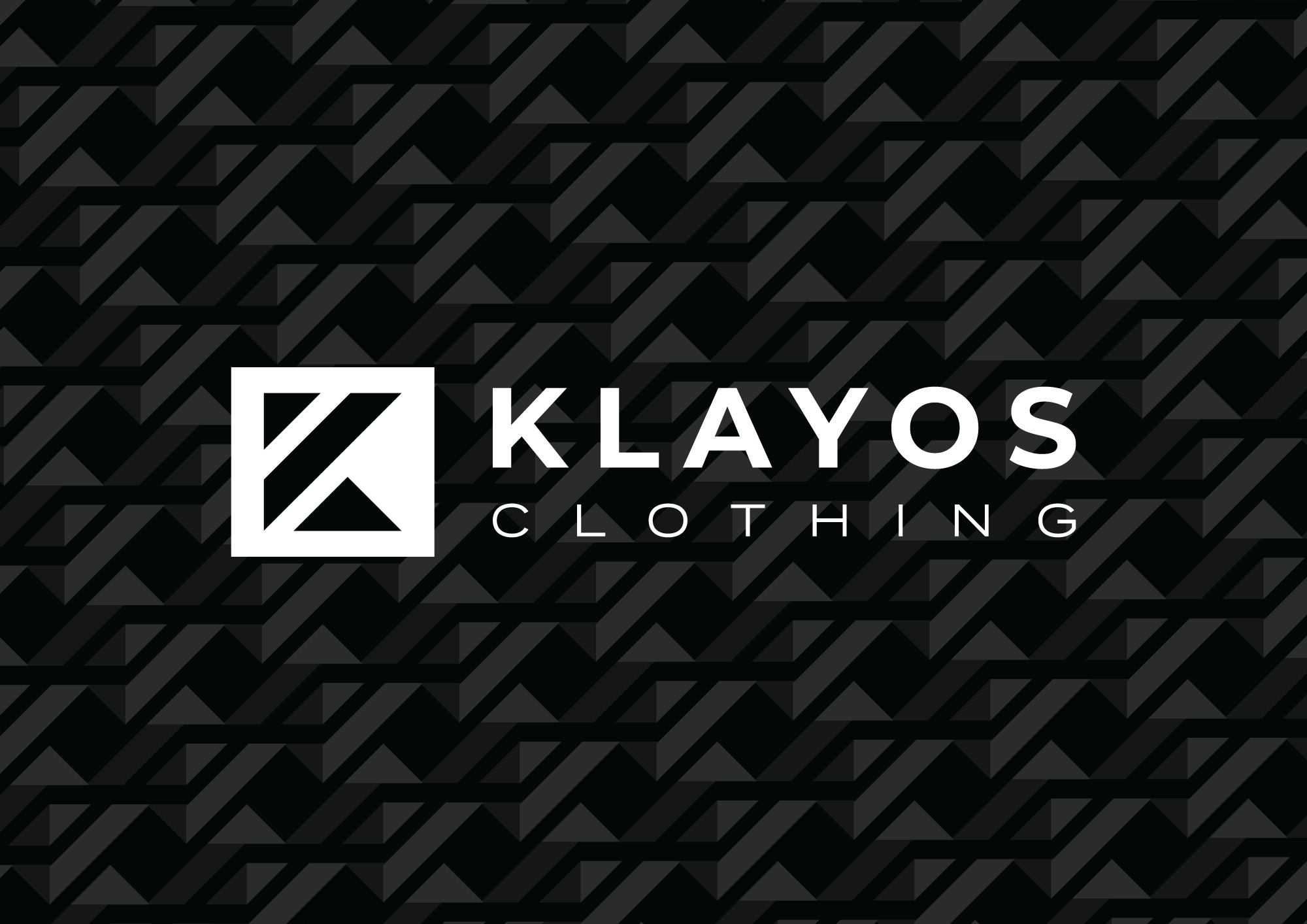 A black background with a repeating geometric pattern and the white text 'KLAYOS CLOTHING' along with a white logo featuring a stylized letter 'K'.
