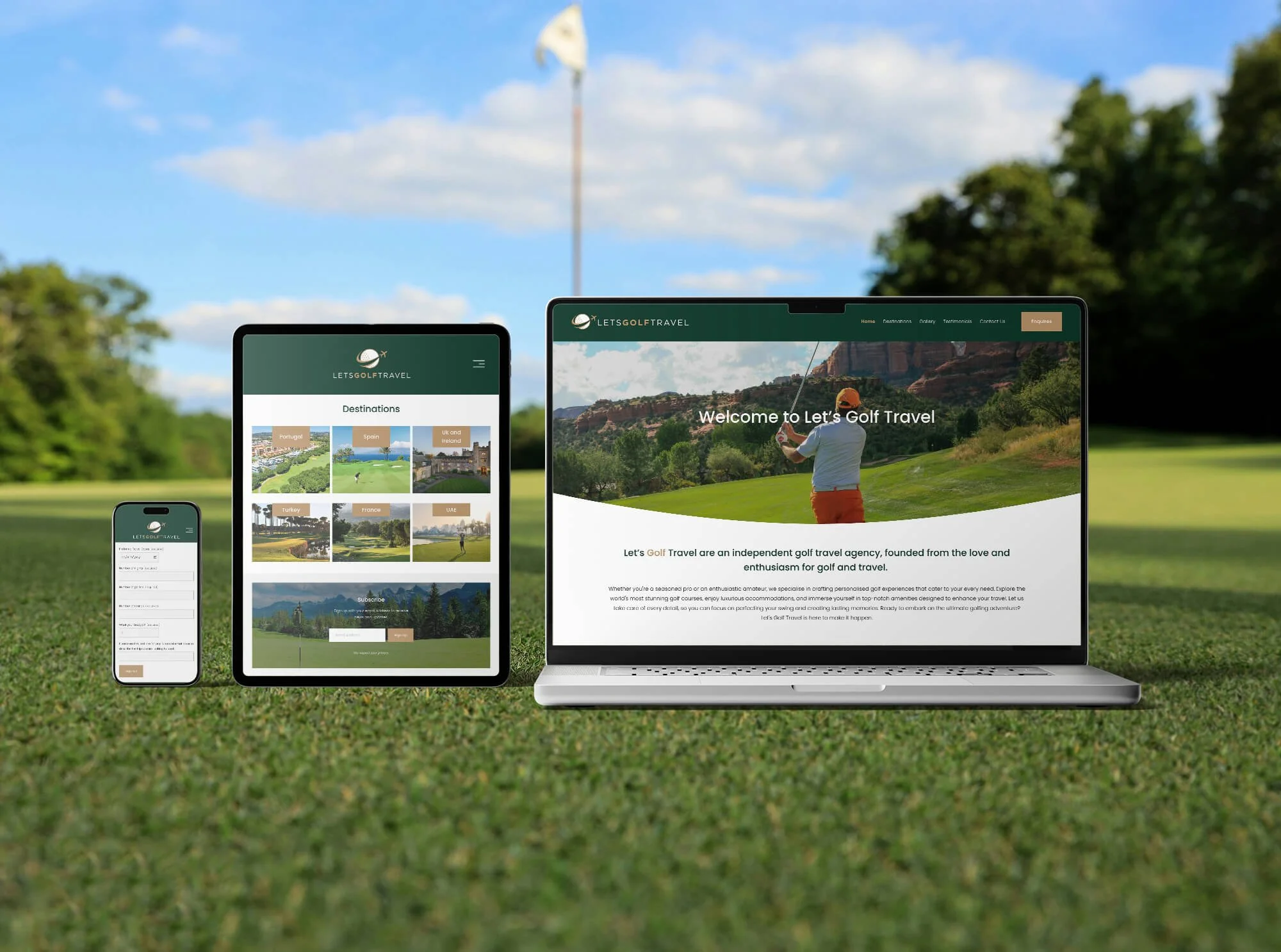 A laptop, tablet, and smartphone on a golf course displaying a travel website for golfing destinations, with a blue sky, trees, and a flag in the background.
