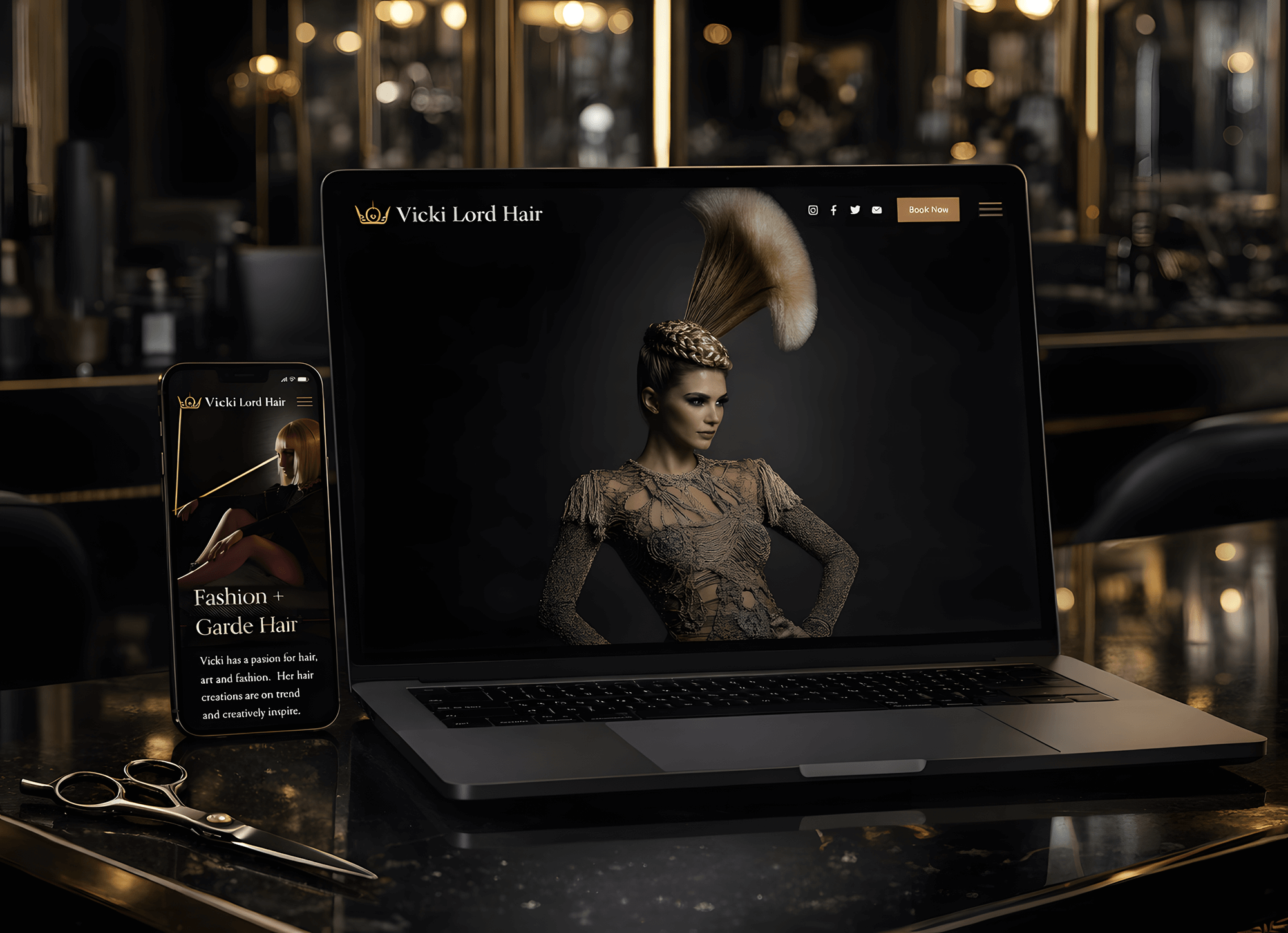 A laptop and smartphone displaying a hair salon website called Vicki Lord Hair, featuring a model with an elaborate hairstyle. The website has a dark theme with gold accents, and salon products or tools are seen in the background.
