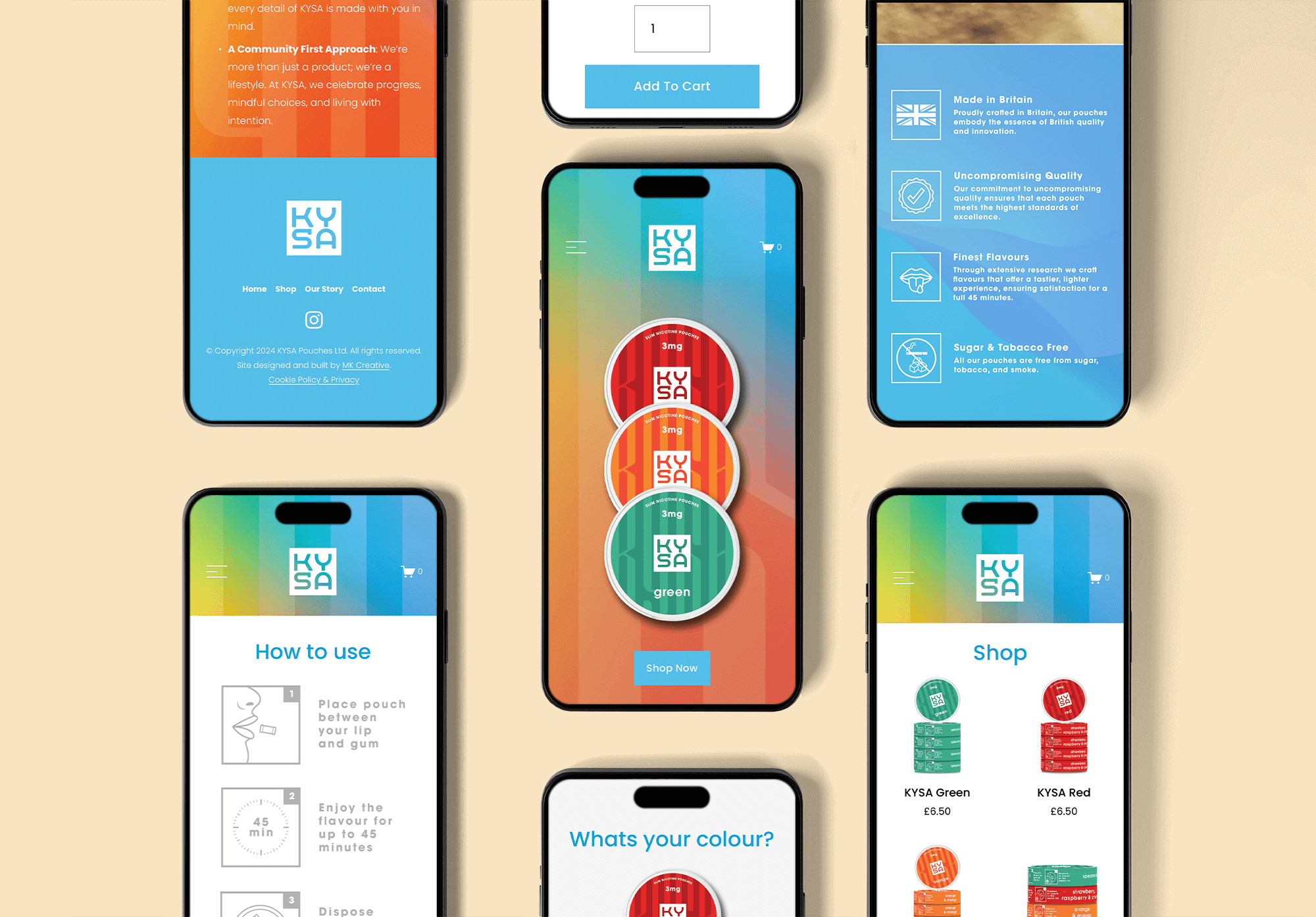 Multiple smartphones display a website for KYSA, a brand of flavored pouches. The screens show product information, usage instructions, color options, and shop prices, with a central focus on three pouches labeled green, red, and orange.