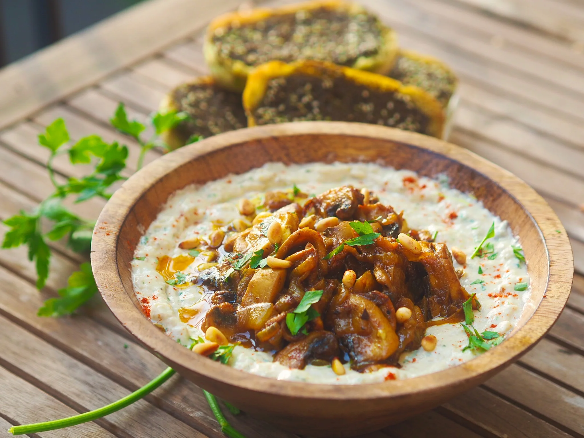 Baba ganoush with cumin mushrooms