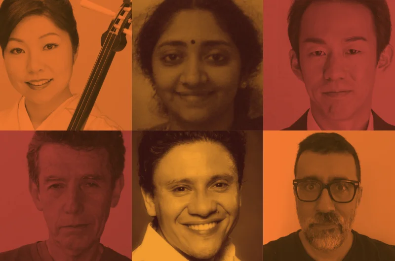 Queens-based musicians who contributed to the interviews in The Emigrants : top (left to right): Alvaro Rodas, Harold Gutierrez, Hikaru Tamaki; bottom (left to right): Rafael Leal, Nivedita Shrivraj, Yoko Reikano Kimura.
