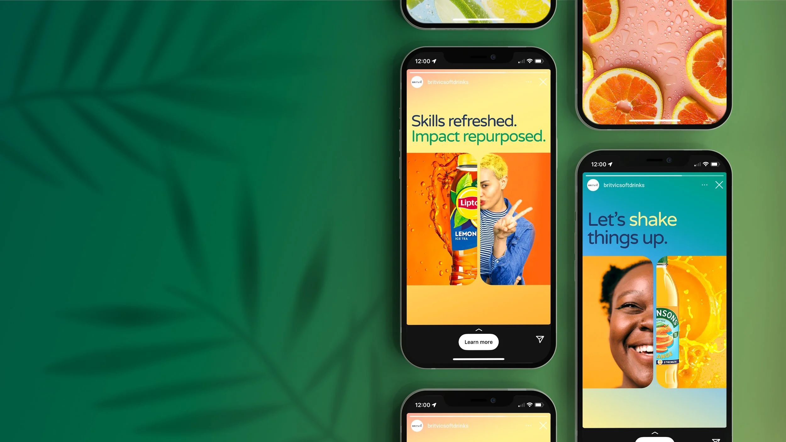 Collage of smartphone social media advertisements for Britvic soft drinks, featuring Lipton lemon iced tea, orange slices, and smiling people on a green background.