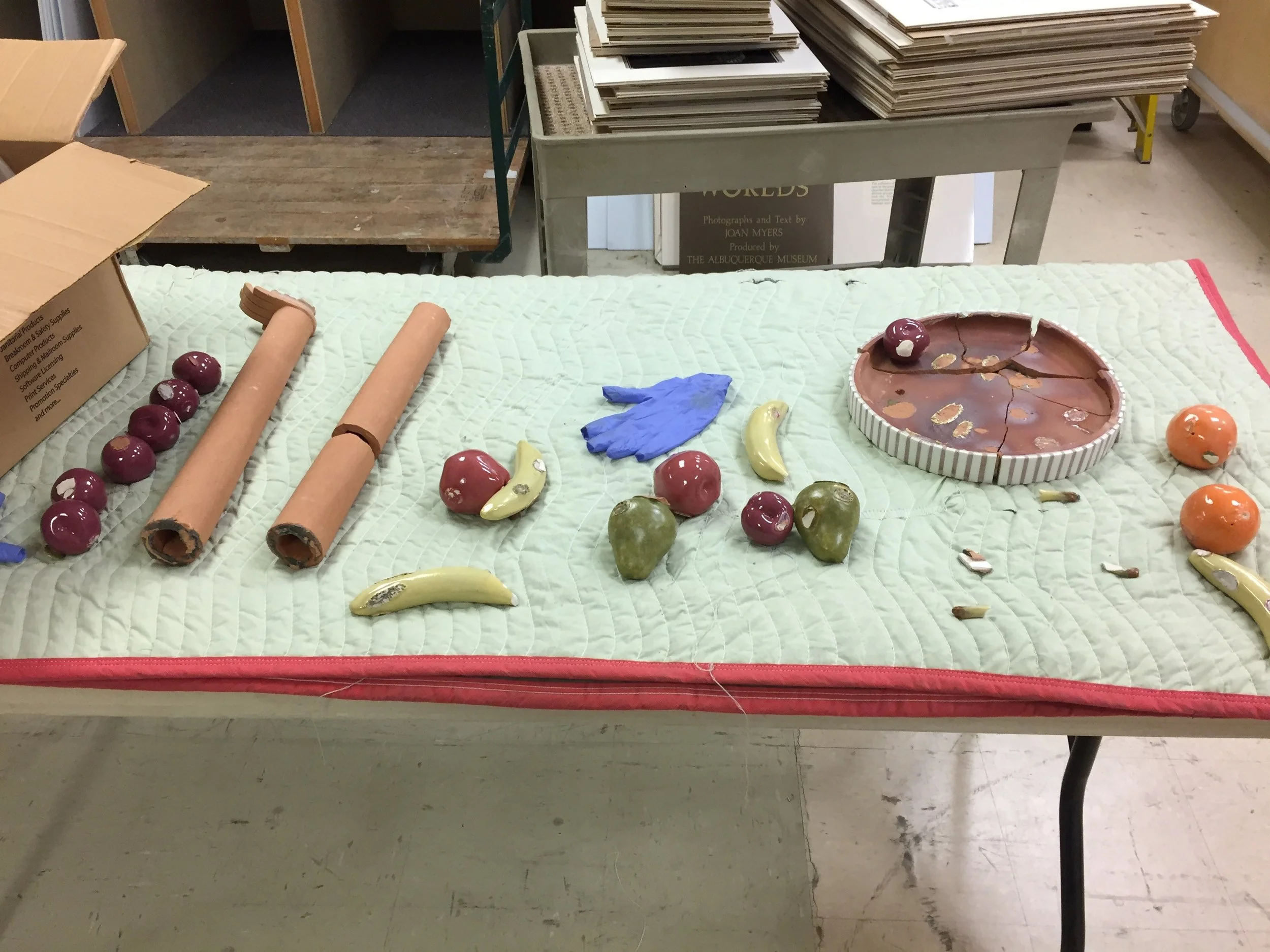  Sections of the object before treatment began. The arms and fruit plate had become completely detached from the body of the sculpture. 