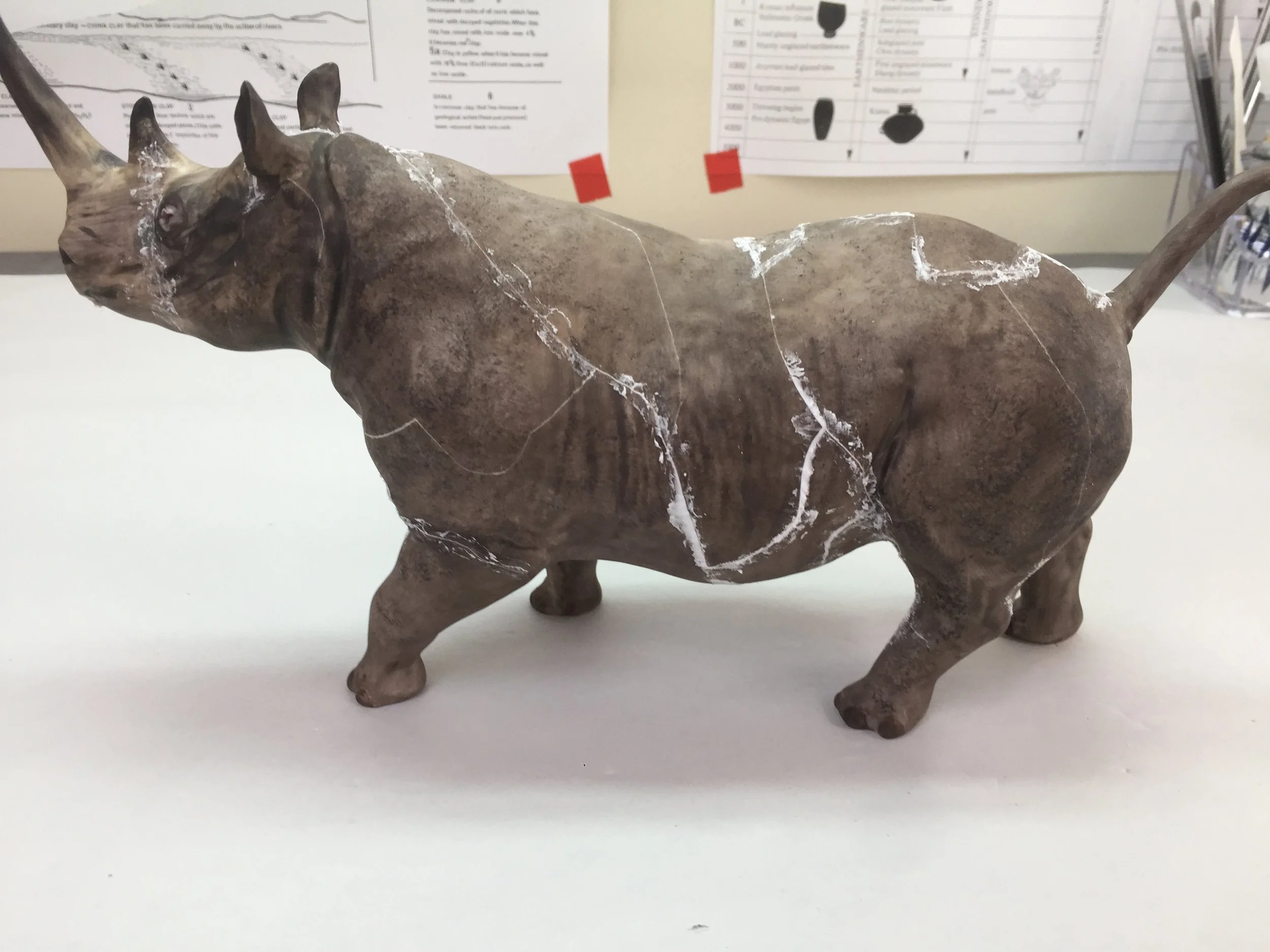  After surface cleaning, the object’s sections were bonded. Because the original damage was caused by stress in the clay, the break-lines could not be perfectly realigned without reintroducing tension into the object. 