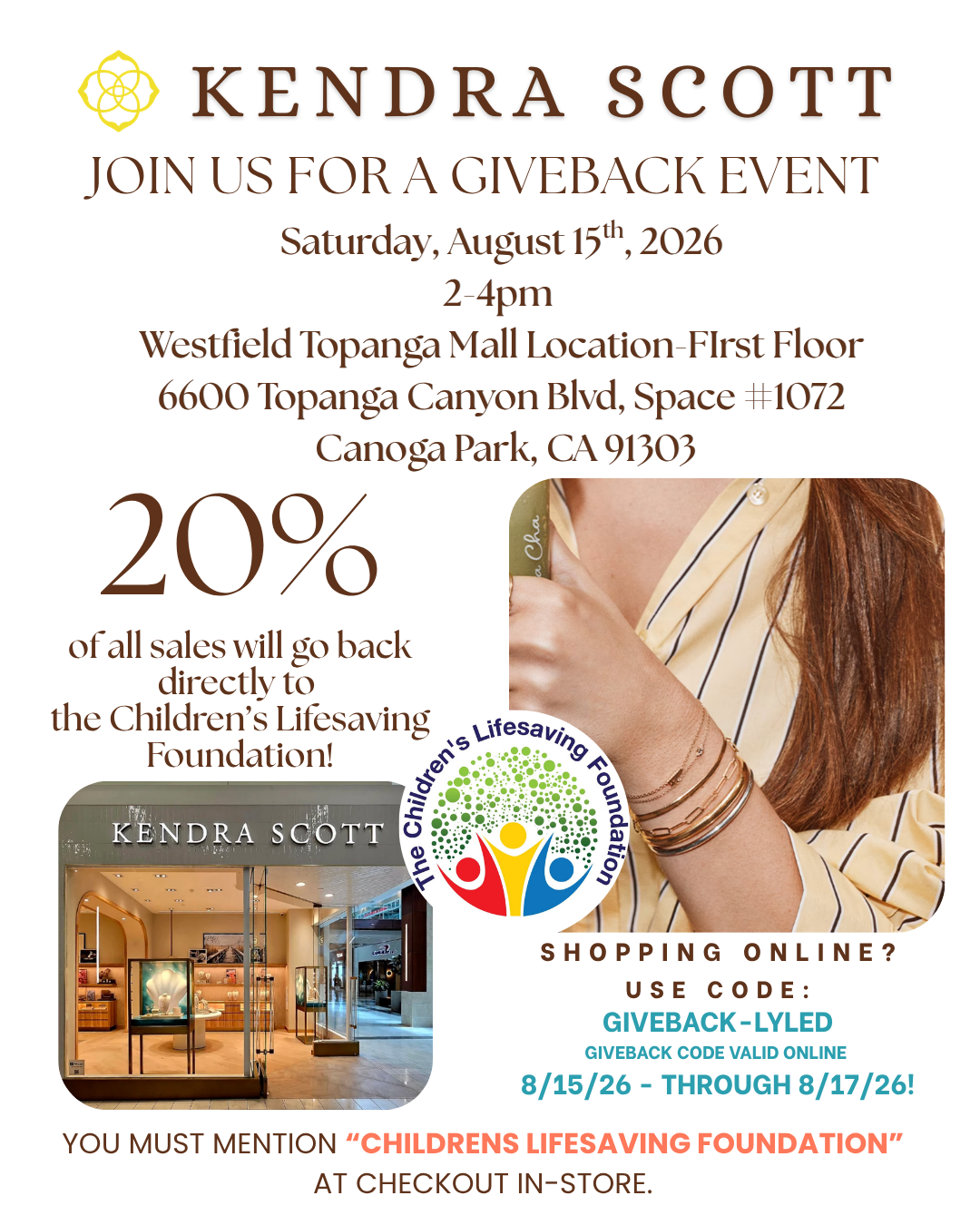 Join Us at the topanga westfield Kendra Scott store- tHis Weekend- &amp; Shop for CLF!