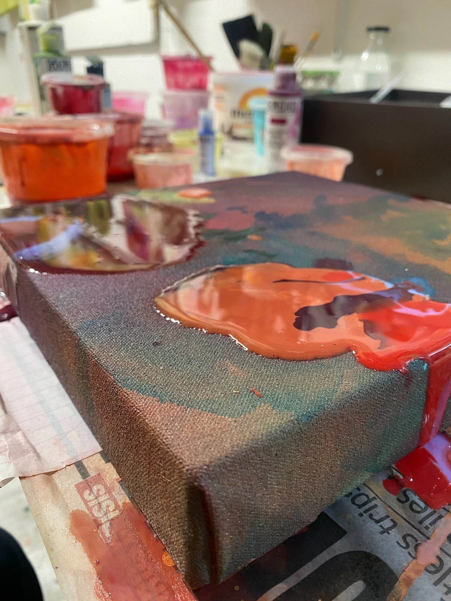 More #wip shots from the studio today.  Melting colour and pushing paint mediums to their limits in all directions.  Again, what they look like today will be quite different to how they appear once dry.  I find myself staring intently at the medium a