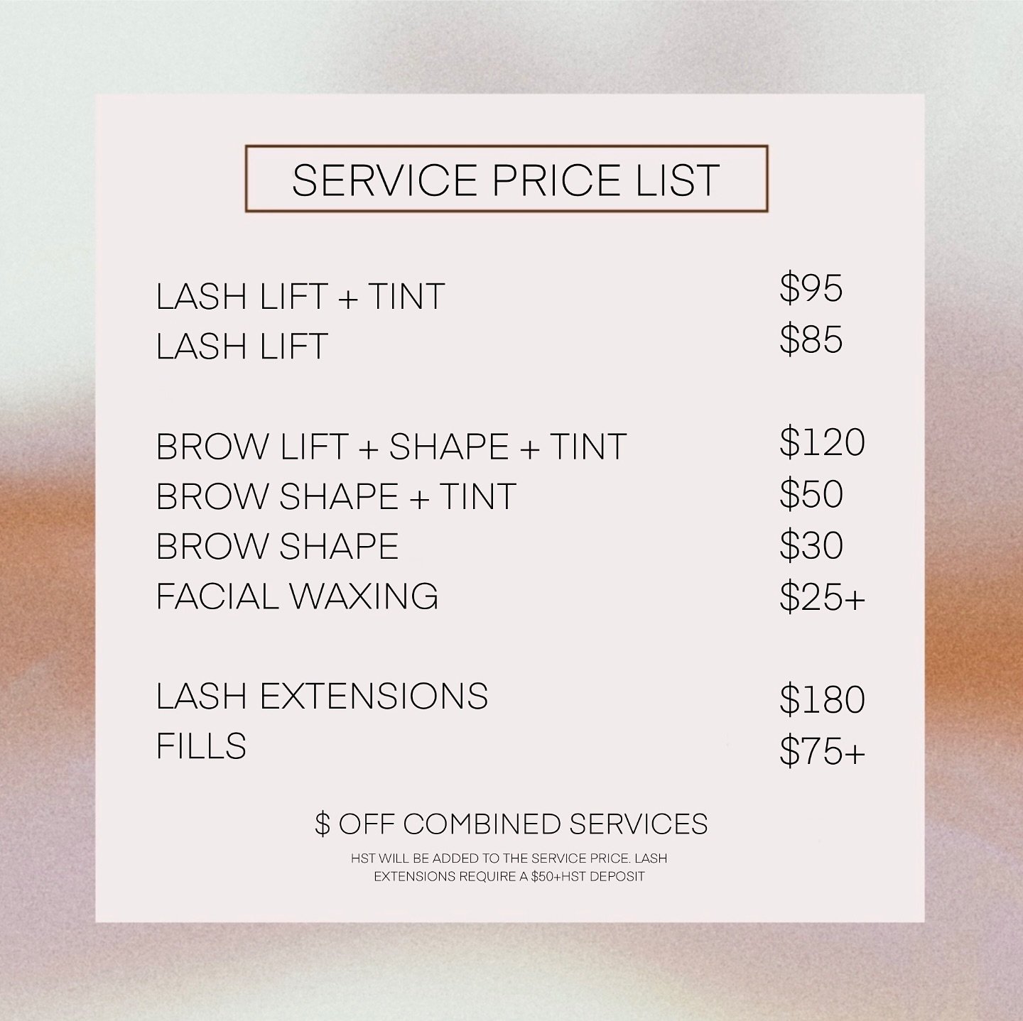 🩷 SERVICES + PRICES 🩷

Here is a list of the services and prices that Samantha will offer at @discoverthecanvas. 
Initial lash extension appointments will require a $50+hst deposit to book💋

To book an appointment for April 14 or later, please ema