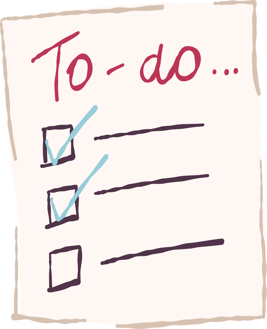 Illustration of a handwritten to-do list with two checked boxes and one unchecked box.
