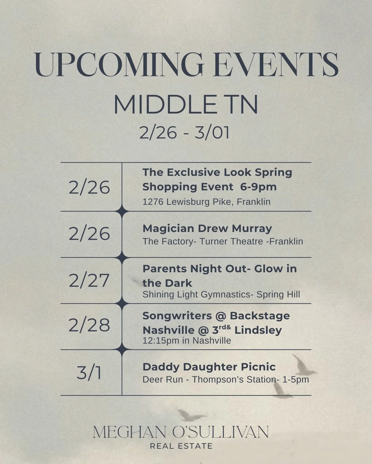 Here&rsquo;s what&rsquo;s happening this week 👇

✨ 2/26 | Spring Social at The Exclusive Look (6&ndash;9PM) @theexclusivelook 
Spring shopping event featuring new arrivals, event-only discounts, giveaways, pop-up vendors &amp; grab bags!

🎩 2/26 | 