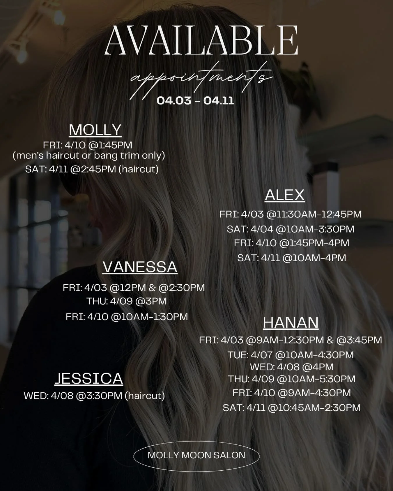 Looking ahead into this month&hellip; 🌼 we have a few openings left for haircuts, color, and more!

Appointments are limited and fill quickly, so grab one while you can 🤍 Availability varies depending on service booked💌

Call to schedule your appo