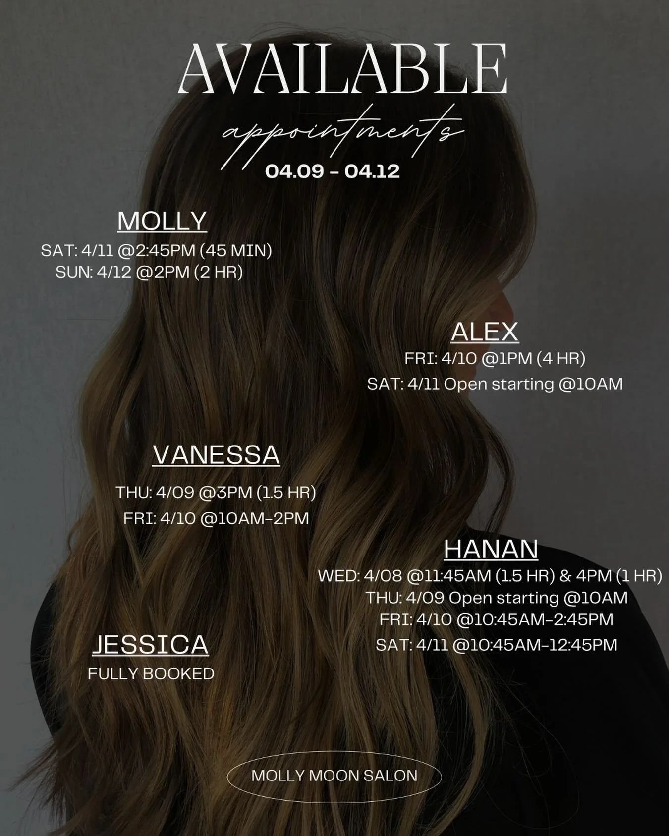 This weeks available appointments @mollymoonsalon ✂️✨