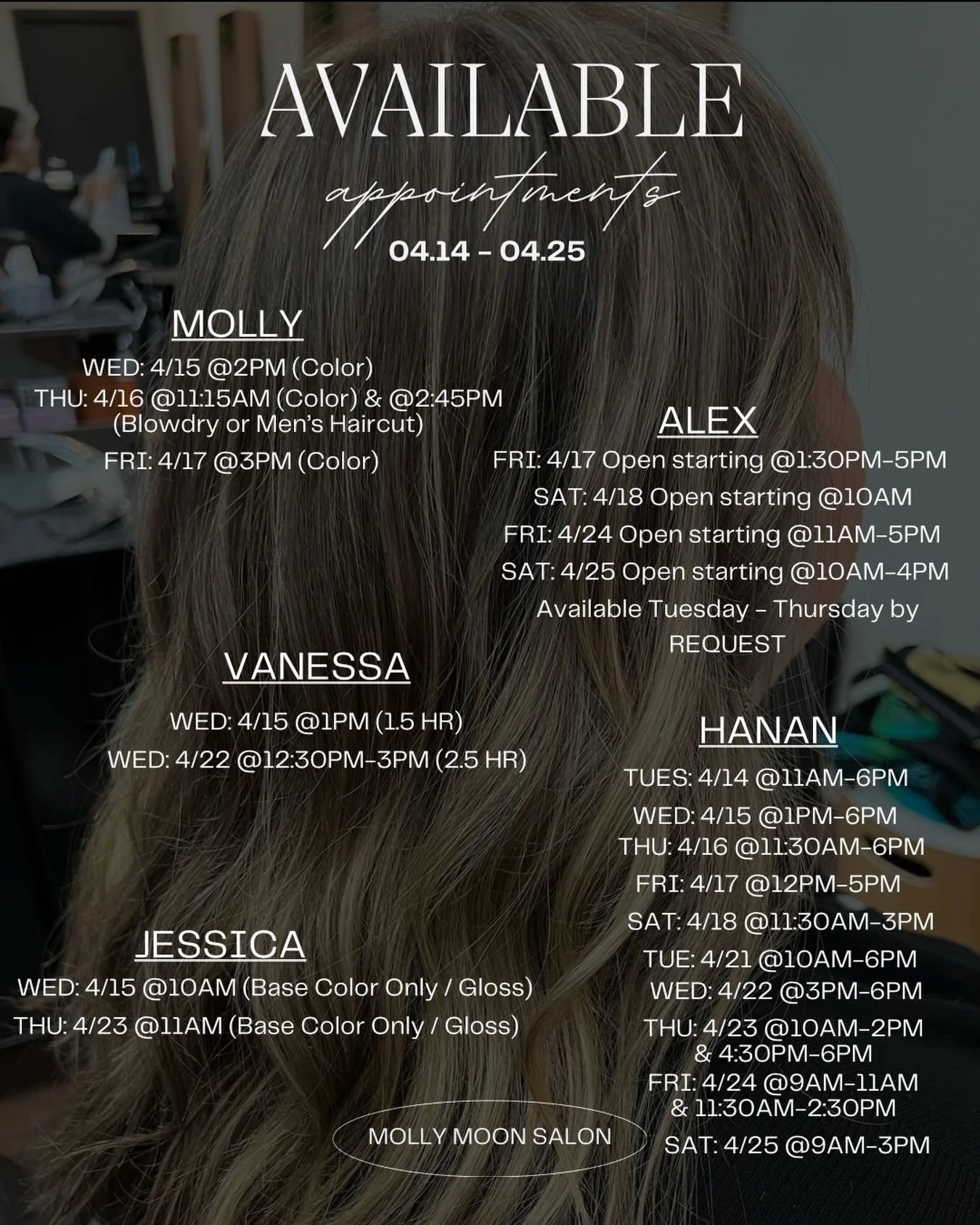 Available appointments from 04.14-04.25 ✂️
book soon before it fills up @mollymoonsalon 

#longbeach #hair #hairstylist #haircut