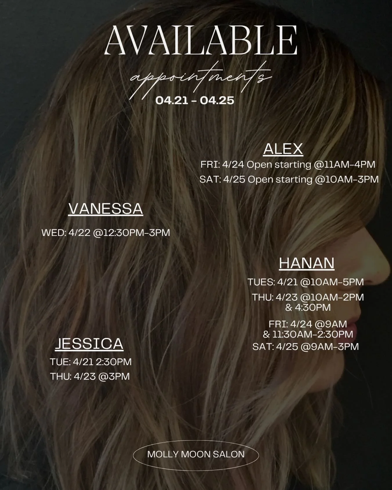 available appointments this week! Call to book your appointment💌✂️ @mollymoonsalon 

#mollymoonsalon #hairstylist #longbeach #hairsalon #cutandcolor