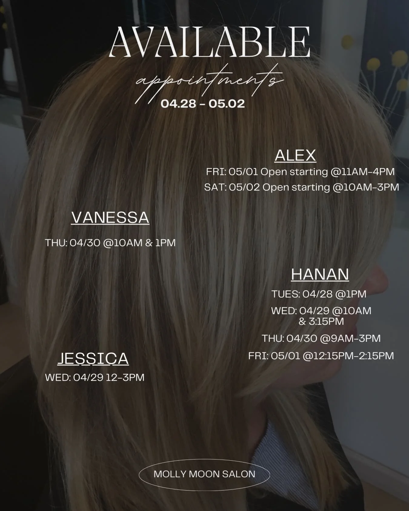 04.28-05.02 Available Appointments @mollymoonsalon with @jessicahoover33 @vanessabaloloy @hananigan &amp; Alex⭐️✂️💌

#longbeach #hairstylist #losangeles #hairsalon #mollymoonsalon