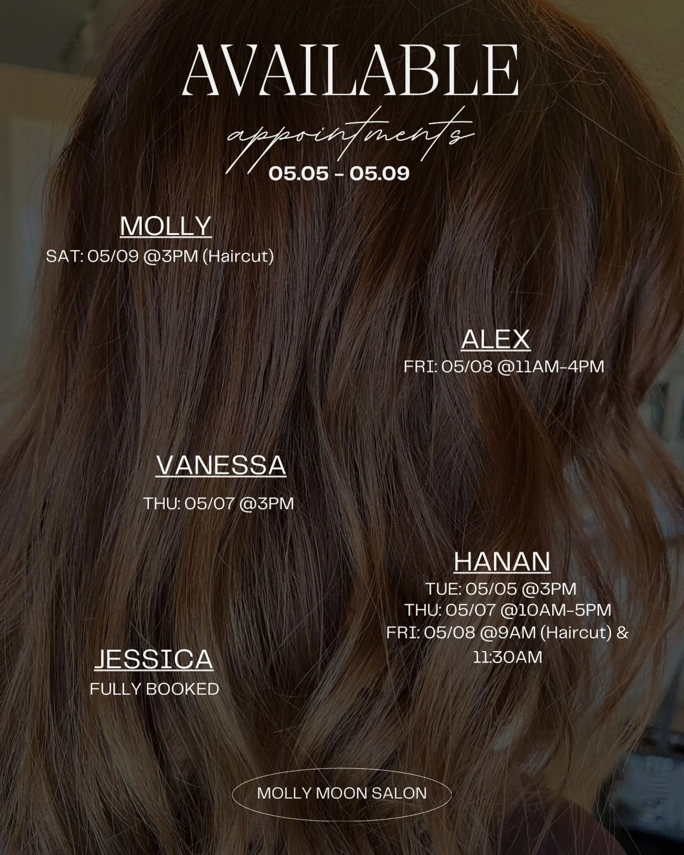 A few spots left this week ✨

Book your appointment before they&rsquo;re gone. Call the salon to claim a time 🤍

#MollyMoonSalon #AvailableAppointments #HairAppointments #SalonAvailability #losangeles