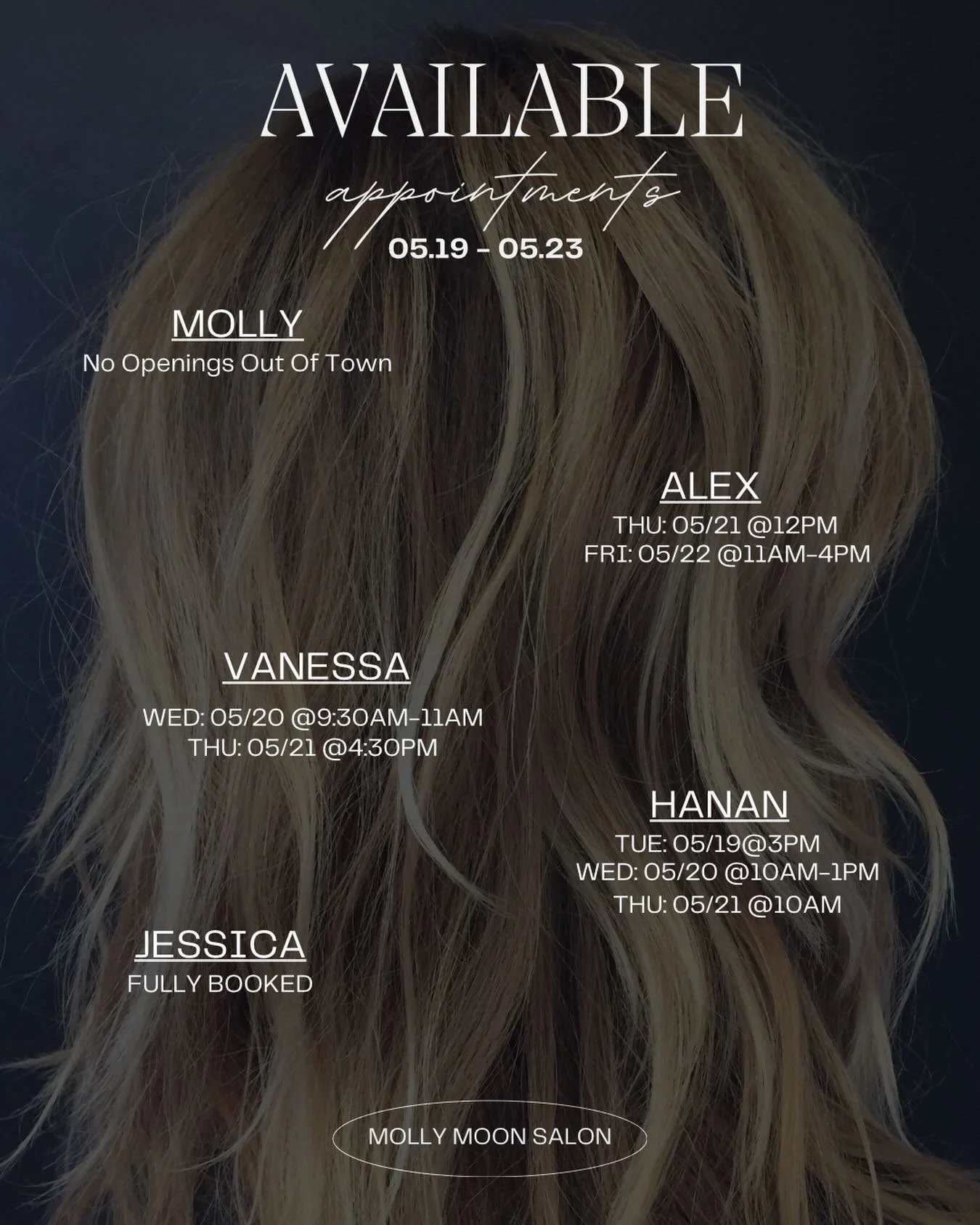 This week&rsquo;s available appointments are here ✨

Book your spot before the long weekend! Molly Moon Salon will be closed this Saturday for Memorial Day weekend, so be sure to schedule ahead!

DM us or call the salon to grab an opening ✂️

#MollyM