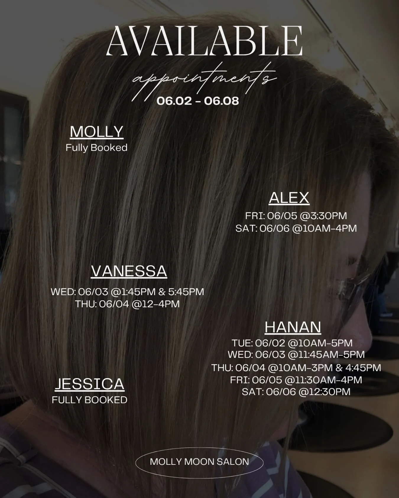 Fresh week, fresh hair 🤍

Our stylists have select openings this week for cuts, color, styling, and refresh appointments. Whether you are booking with a familiar face or trying someone new, our team would love to help you feel your best.

Call the s