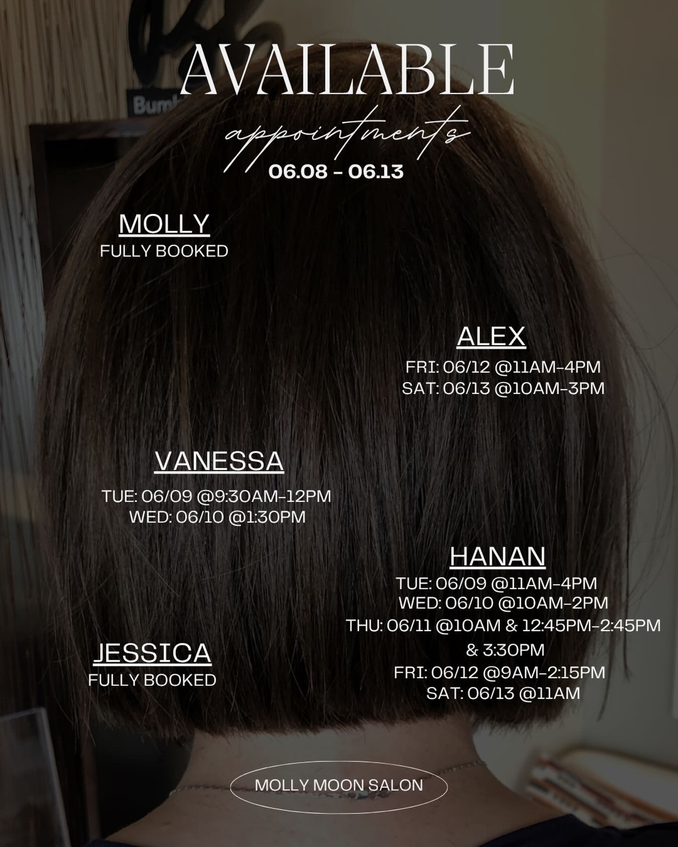 This bob called for a spot on the schedule post 🤍

We have a few openings this week with Vanessa, Hanan, and Alex. Molly and Jessica are fully booked.

Call to book your appointment before these spots fill up &amp; make it a great hair day✂️

#molly