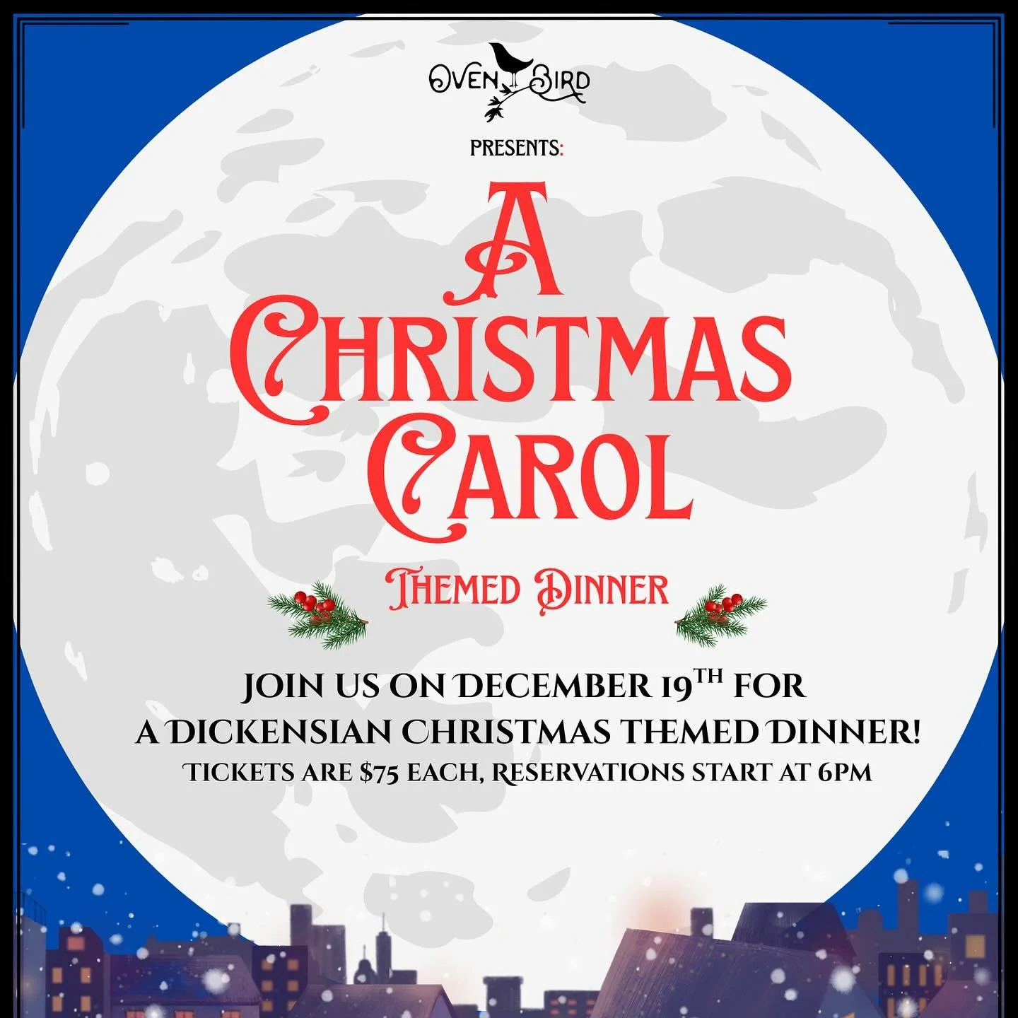 Join us on December 19th for &ldquo;A Christmas Carol&rdquo; themed dinner! We will be enjoying a twist on classic Dickensian era meals and delicious drinks! Swipe to see our menu! Festivities start at 6pm! Ticket bookings and reservations are in our