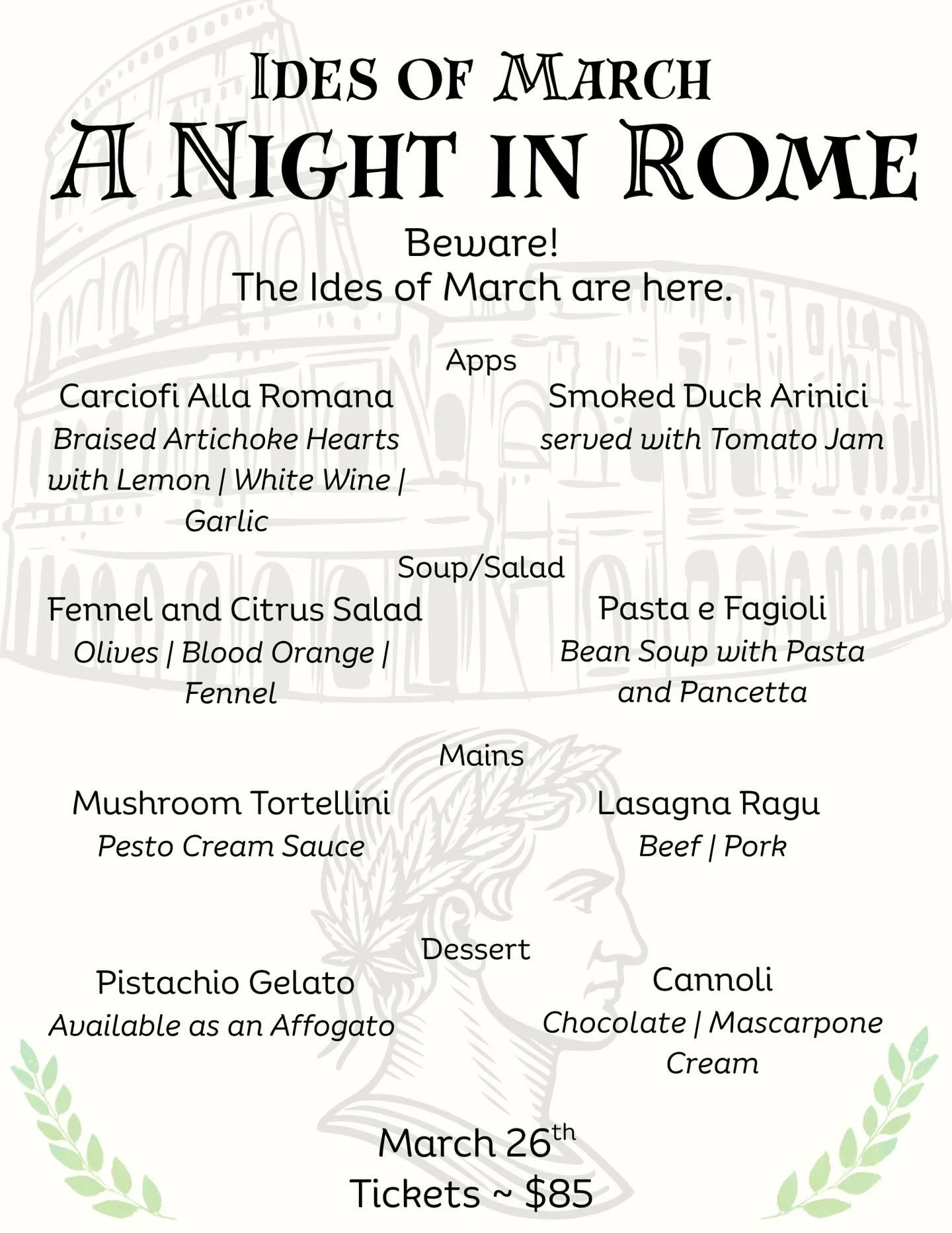 Join us this Thursday for a taste of ancient Rome! We're bringing you timeless Roman dishes and Italian staples. Link to tickets and more information are in our bio! 

We will be there, et tu? 🗡️🍷